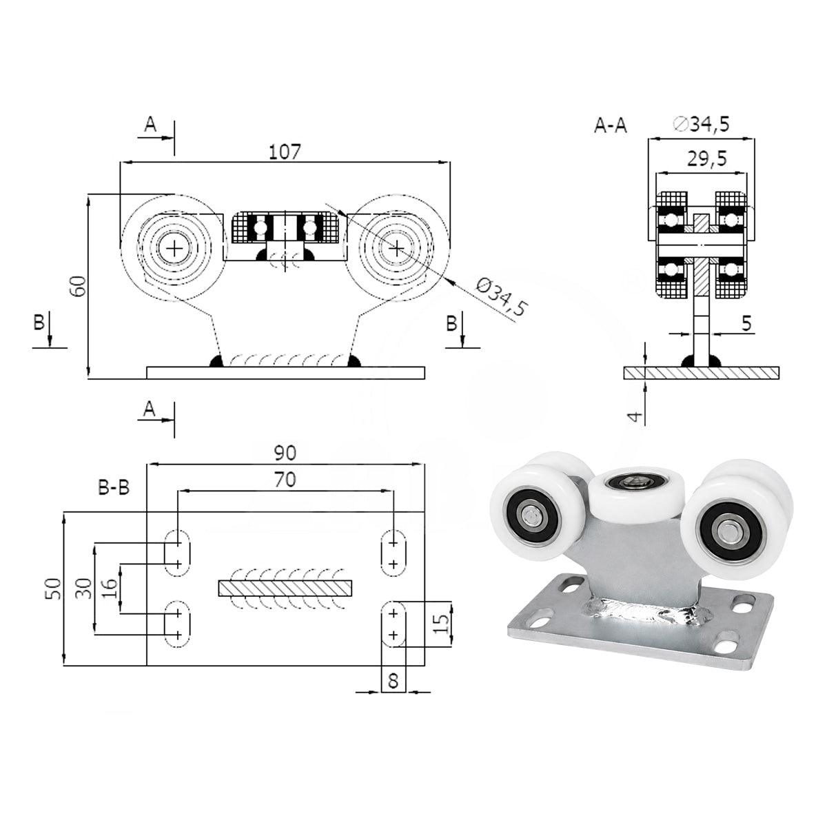 Torwagen für Schiebetore - für Profile 40x40 mm - Wandstärke 2 mm: 5T-40
