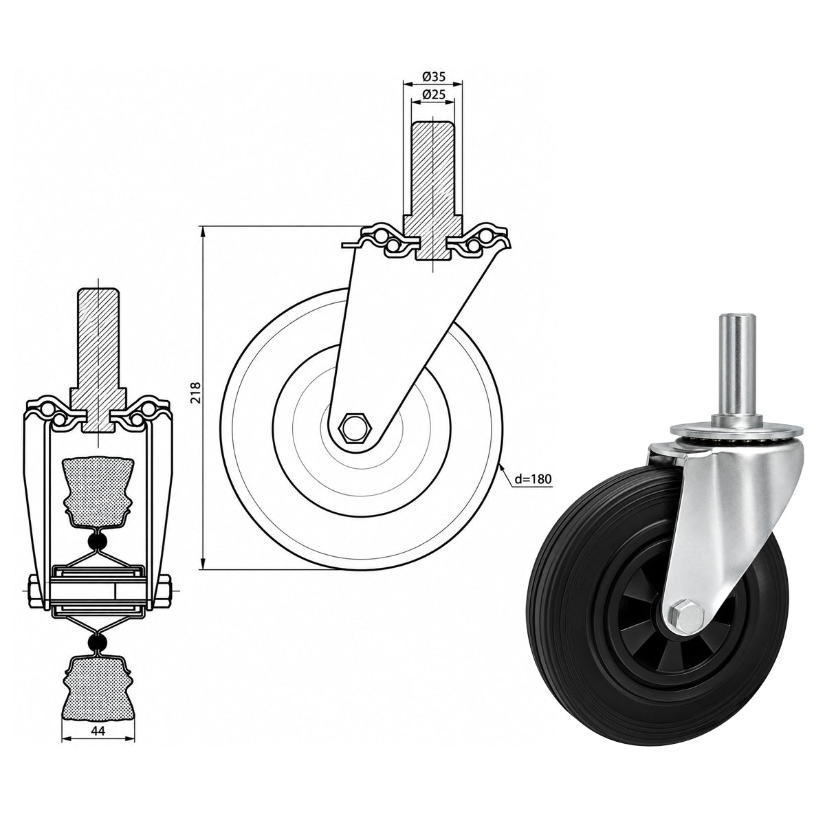 Kunststoff-Gummiräder mit Befestigungsstift Lenkrollen Ø180 mm Code: 54T*25