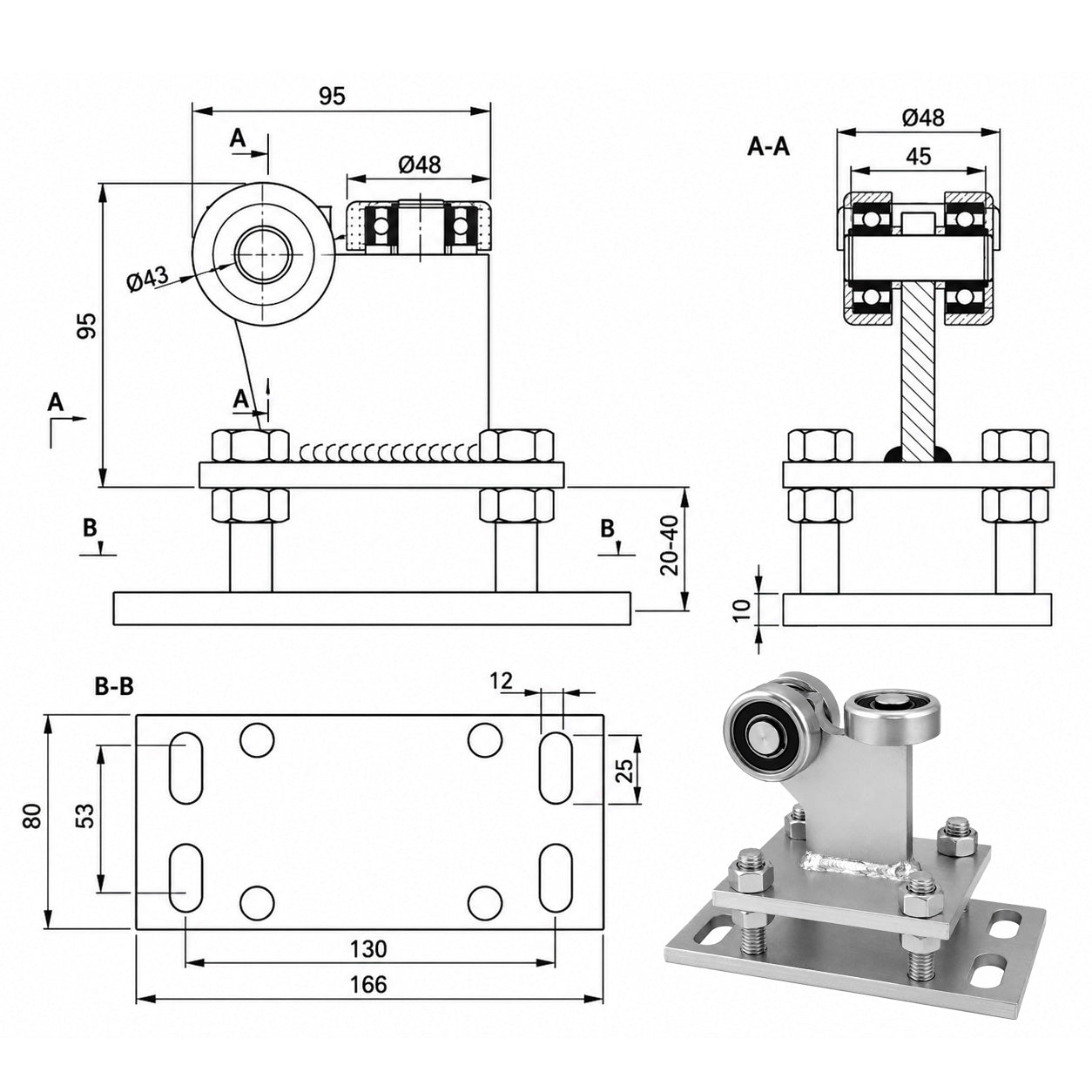 Torwagen für Schiebetore - für Profile 50x55 mm - Wandstärke 2,5 mm: R-3MM-50/55