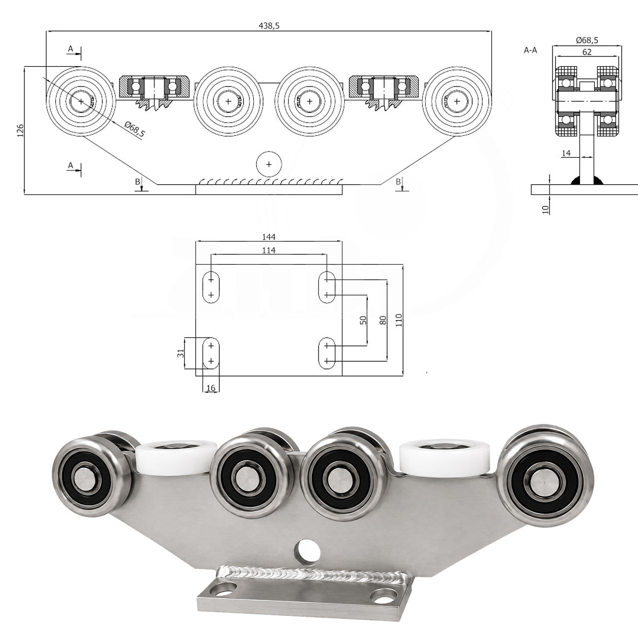 Torwagen für Schiebetore - für Profile 80 x 80 mm - Wandstärke 5 mm: 10M-80
