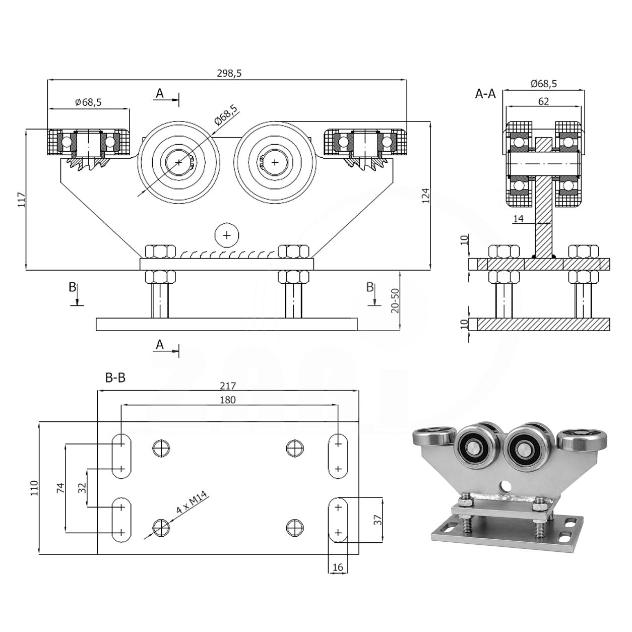Torwagen für Schiebetore - für Profile 80 x 80 mm - Wandstärke 5 mm: R-6MM-80