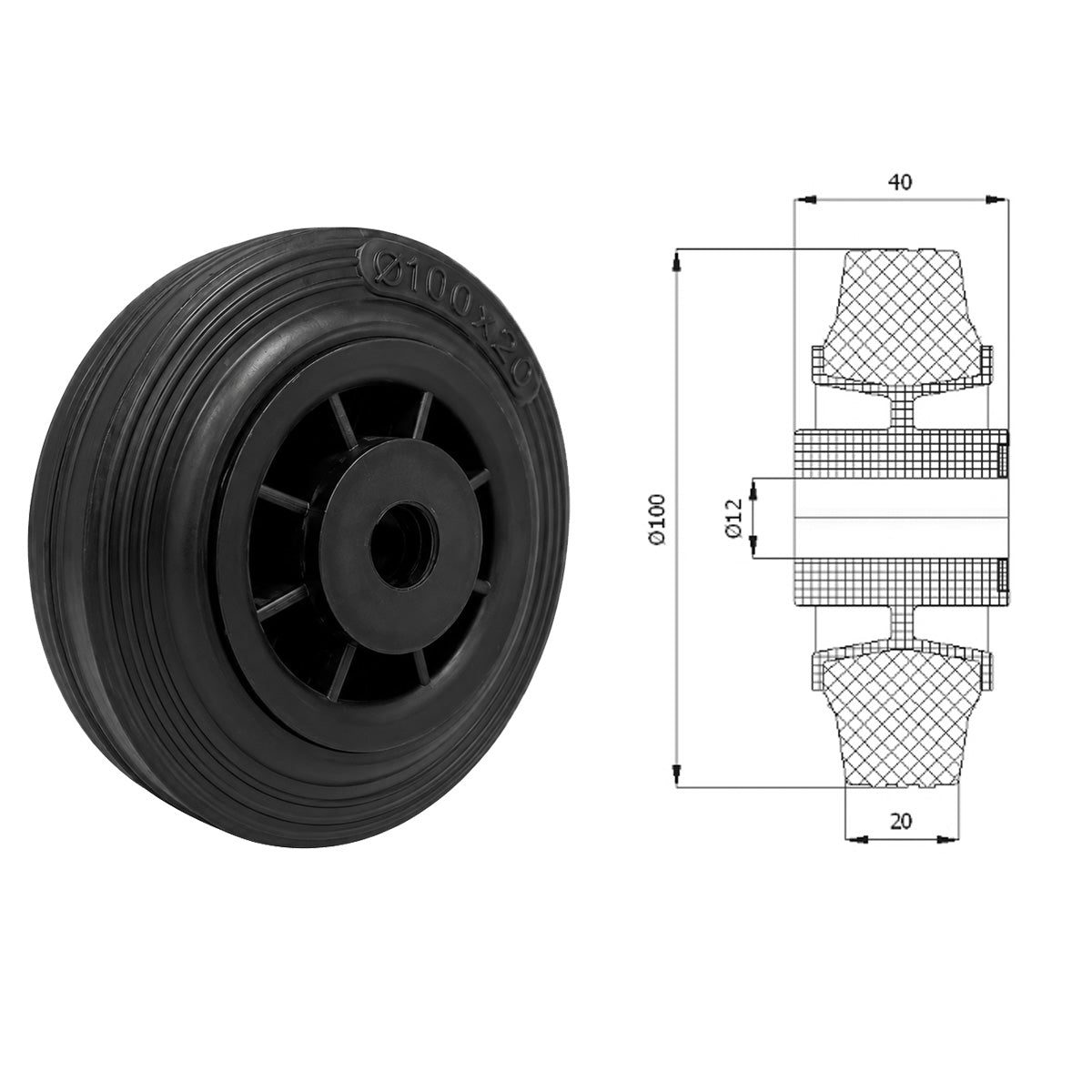 Vollgummi Rad Ø 100 mm mit Polypropylen-Felge Industrie Gummirad Code: 19T