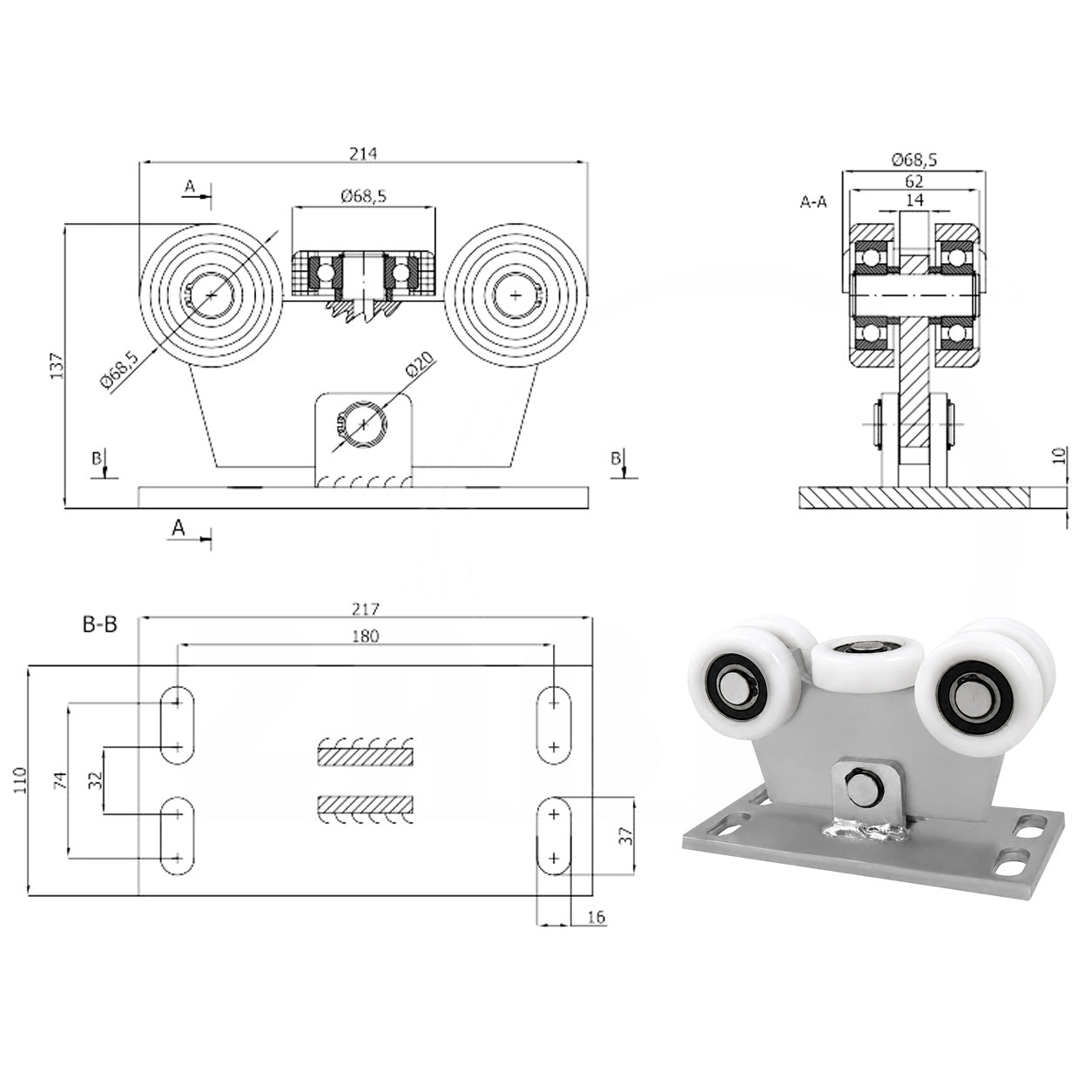 Torwagen für Schiebetore - für Profile 80 x 80 mm - Wandstärke 5 mm: W-5T-80