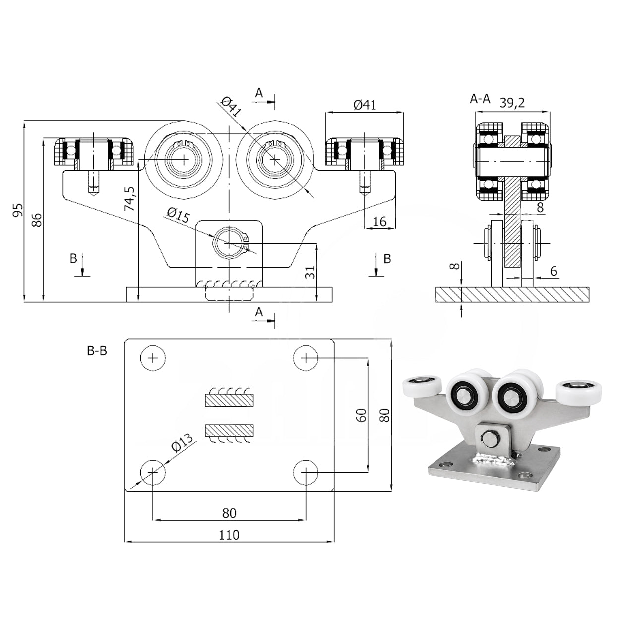 Torwagen für Schiebetore - für Profile 50 x 50 mm - Wandstärke 4 mm: W-6T-50/4