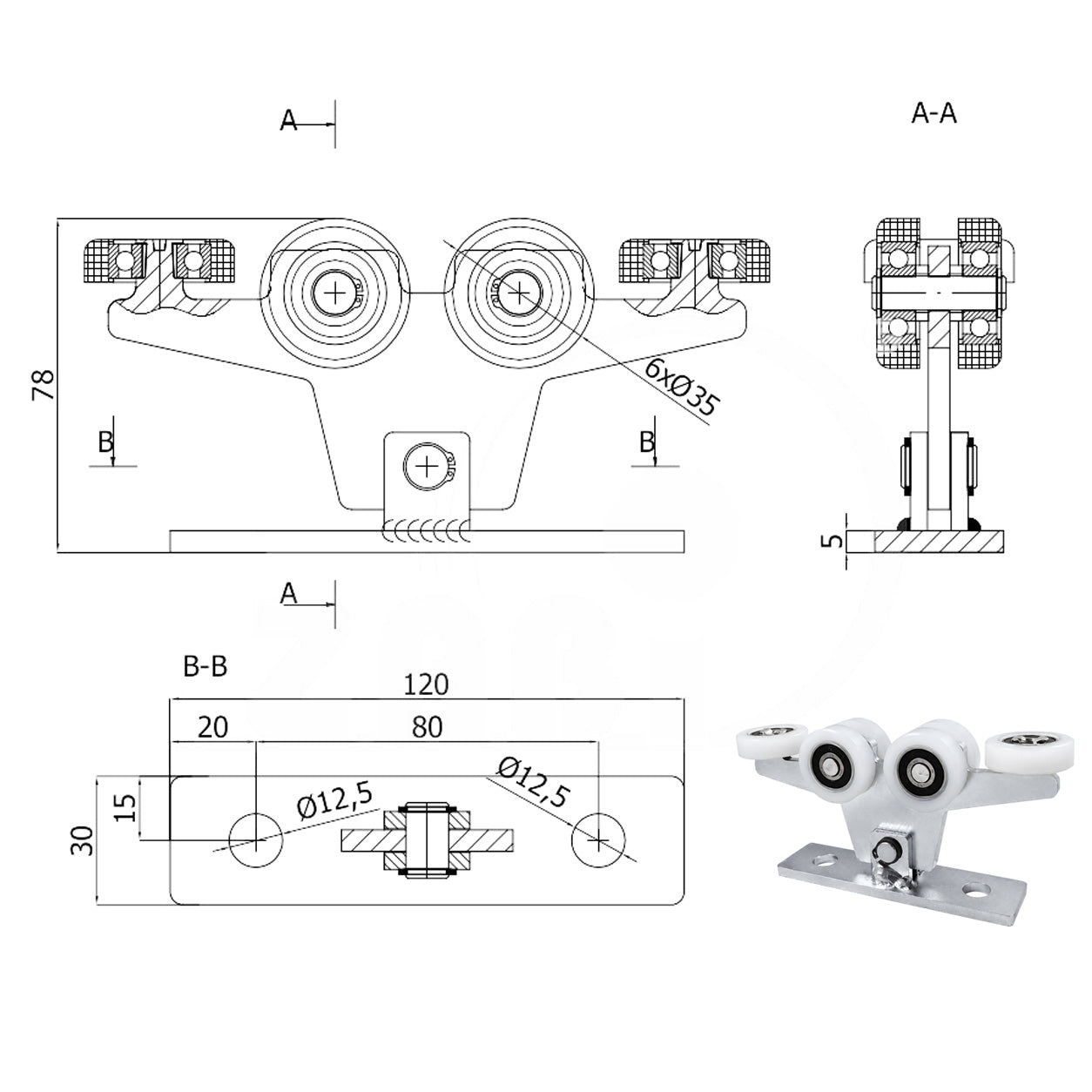 Torwagen für Schiebetore - für Profile 40x40 mm - Wandstärke 2 mm: W-6T-40