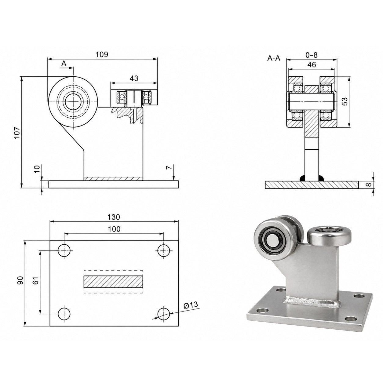 Torwagen für Schiebetore bis 180 °C – für Profile 60 × 60 mm – Wandstärke 4 mm: 3MM-60/4E