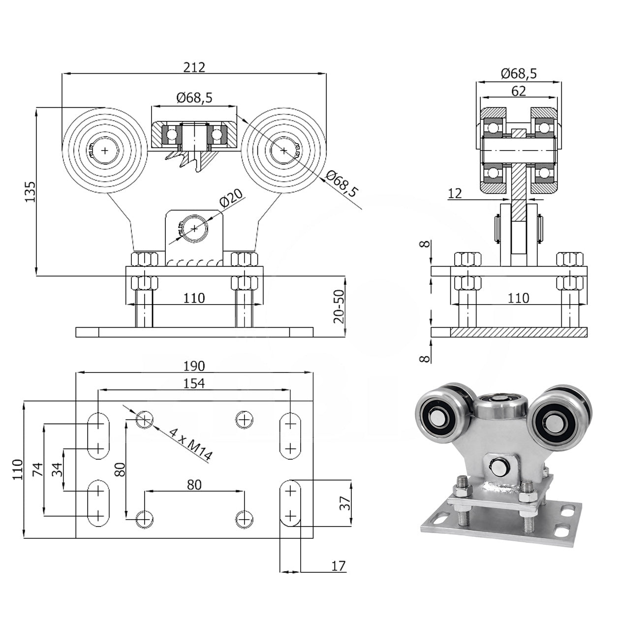 Torwagen für Schiebetore - für Profile 80 x 80 mm - Wandstärke 5 mm: WR-5MM-80M
