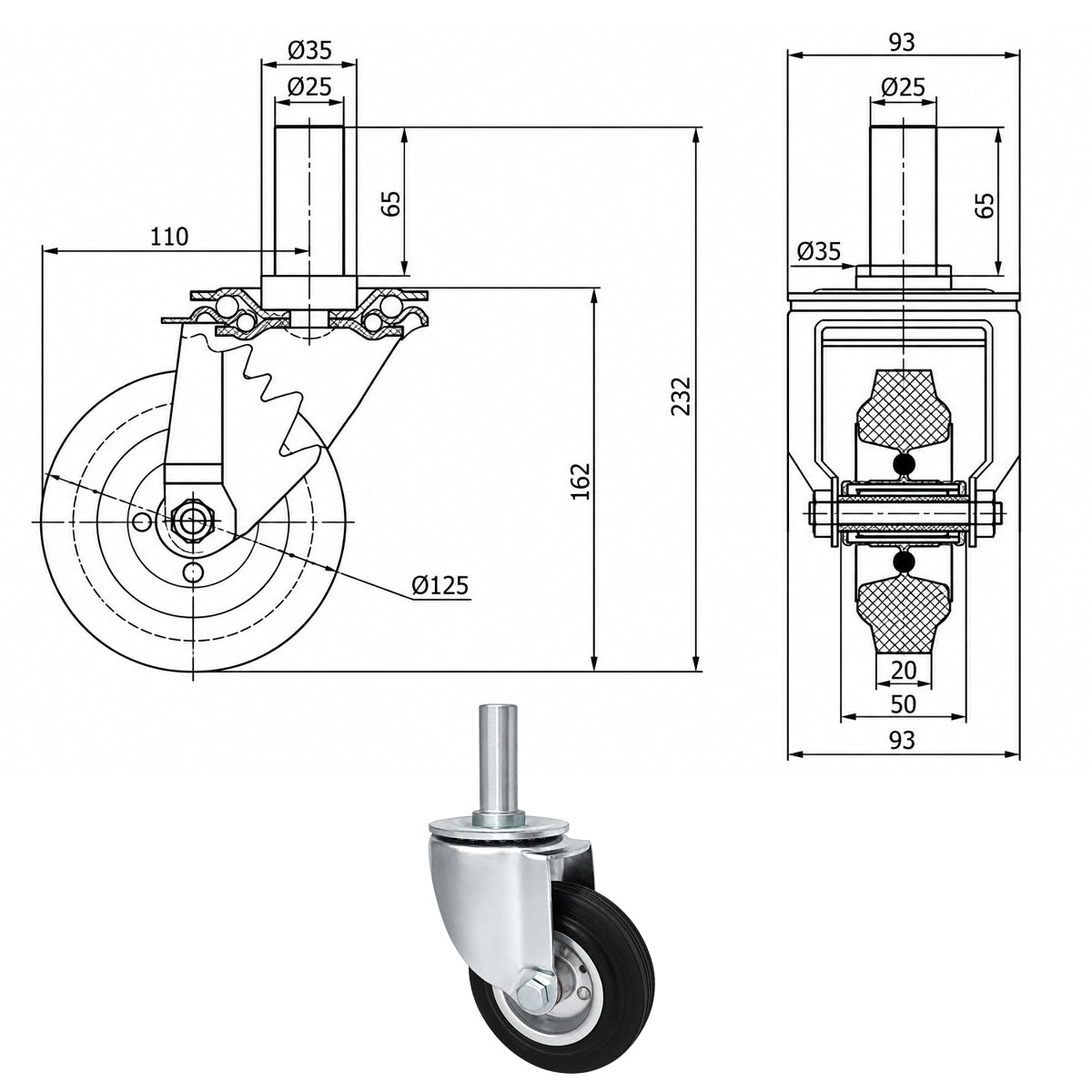 Metall-Gummiräder mit Befestigungsstift Lenkrollen Lenkrollen Ø125 mm Code: 24*25