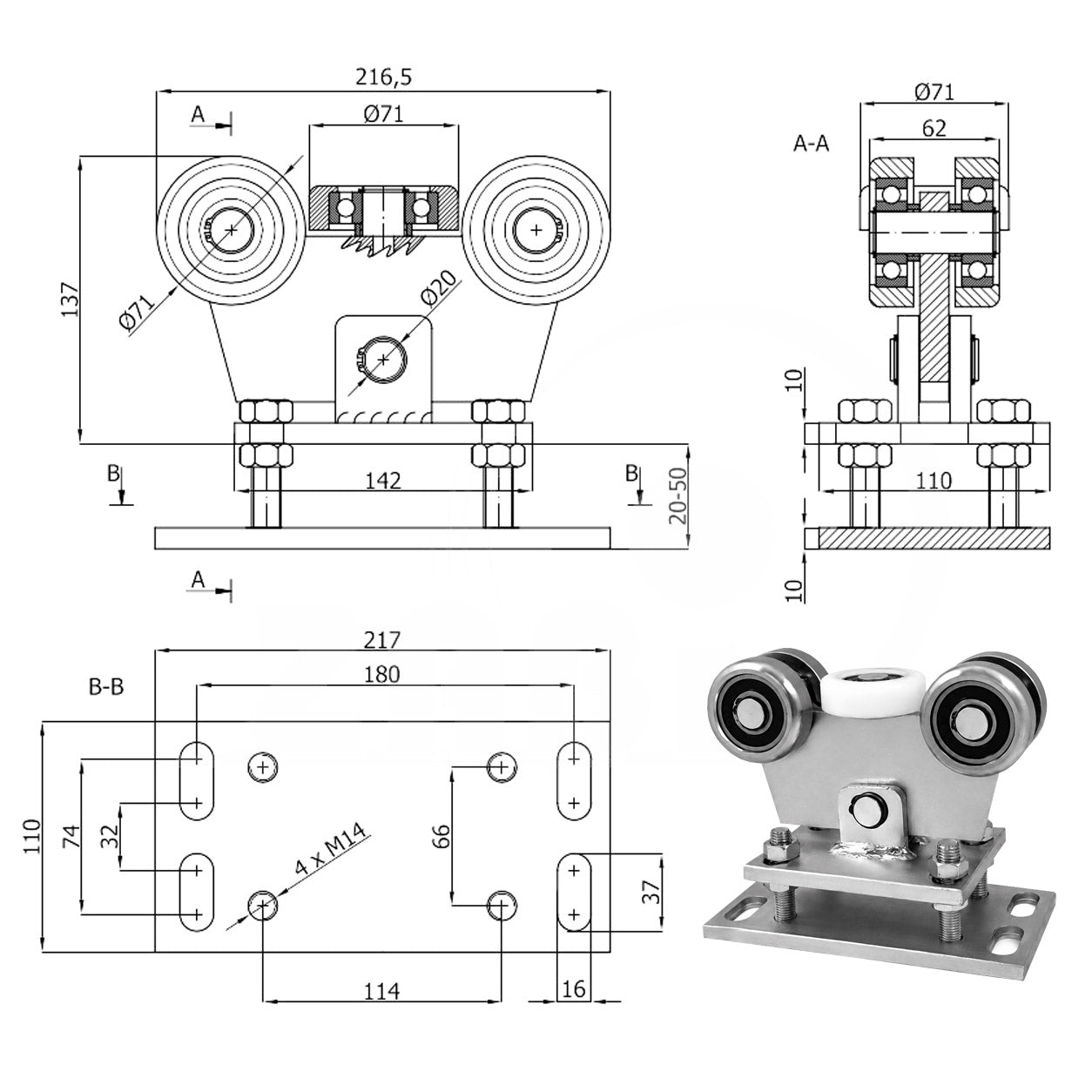 Torwagen für Schiebetore - für Profile 80 x 80 mm - Wandstärke 4 mm: WR-5M-80/4