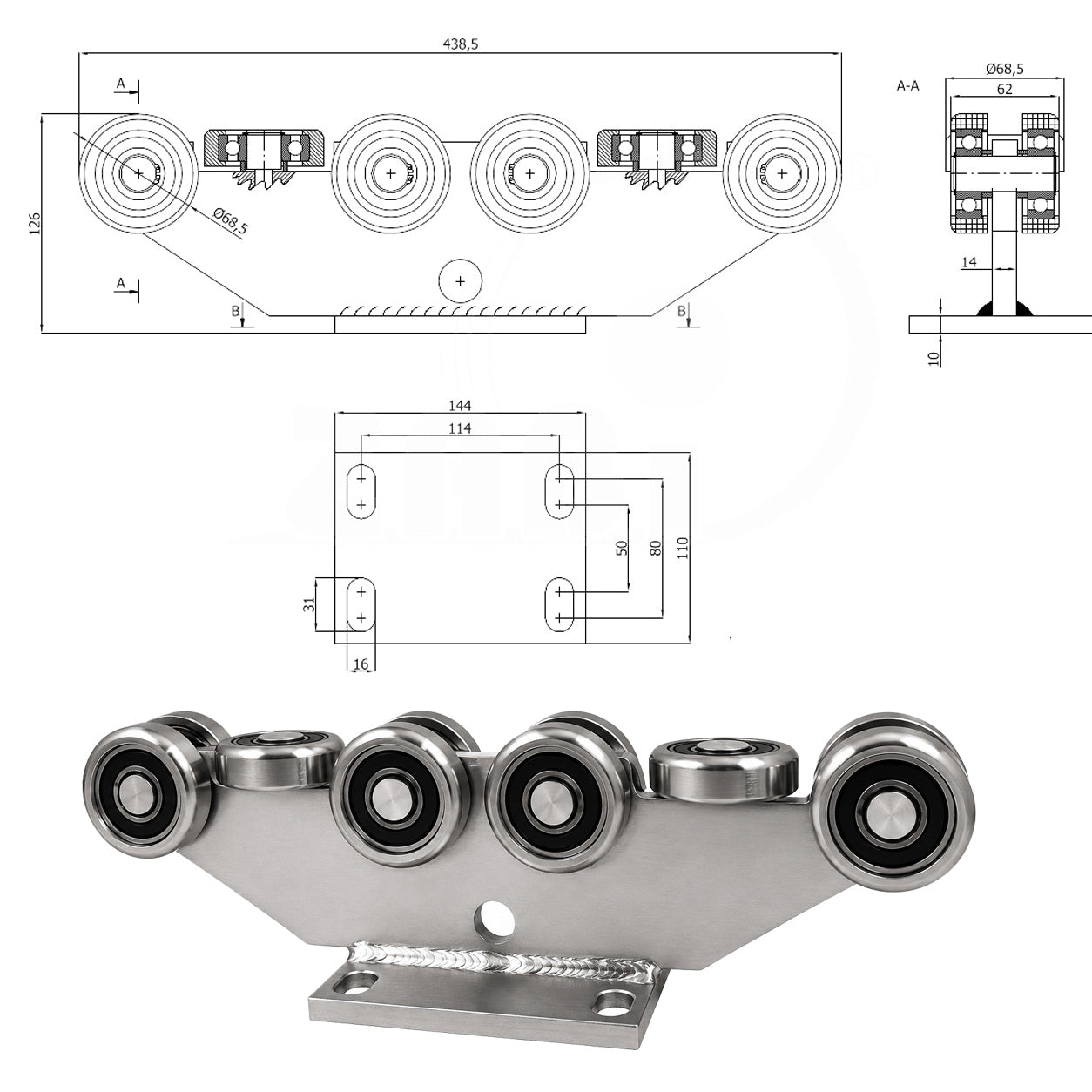 Torwagen für Schiebetore - für Profile 80 x 80 mm - Wandstärke 5 mm: 10MM-80