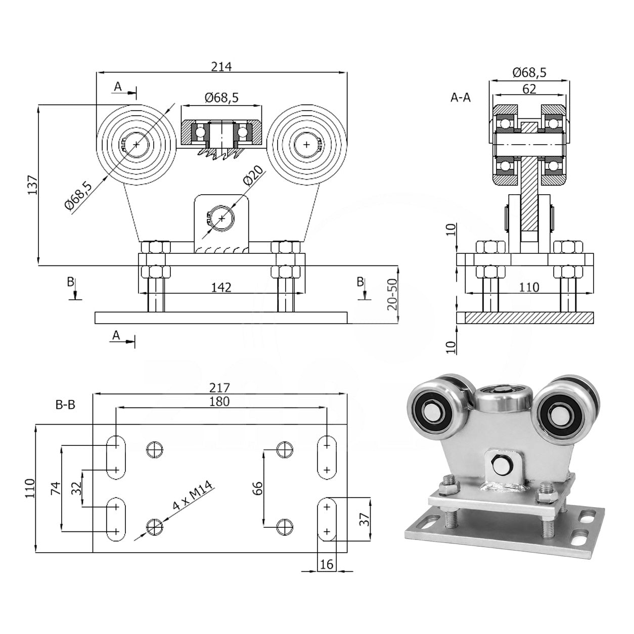 Torwagen für Schiebetore - für Profile 80 x 80 mm - Wandstärke 5 mm: WR-5MM-80