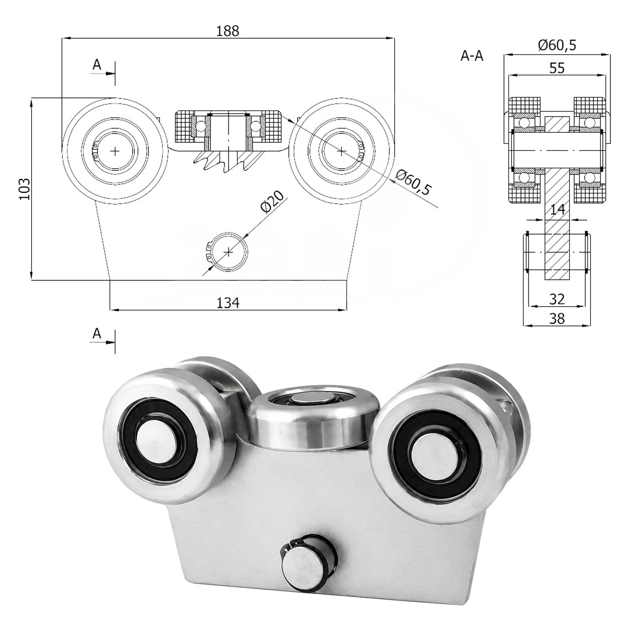 Torwagen für Schiebetore - für Profile 70 x 70 mm - Wandstärke 4 mm: WG-5MM-70