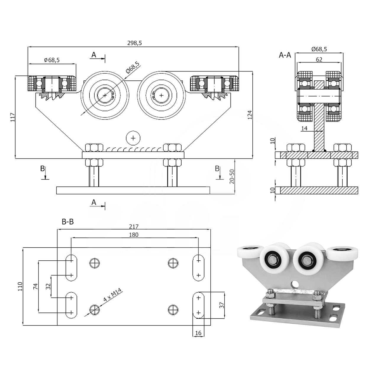 Torwagen für Schiebetore - für Profile 80 x 80 mm - Wandstärke 5 mm: R-6T-80