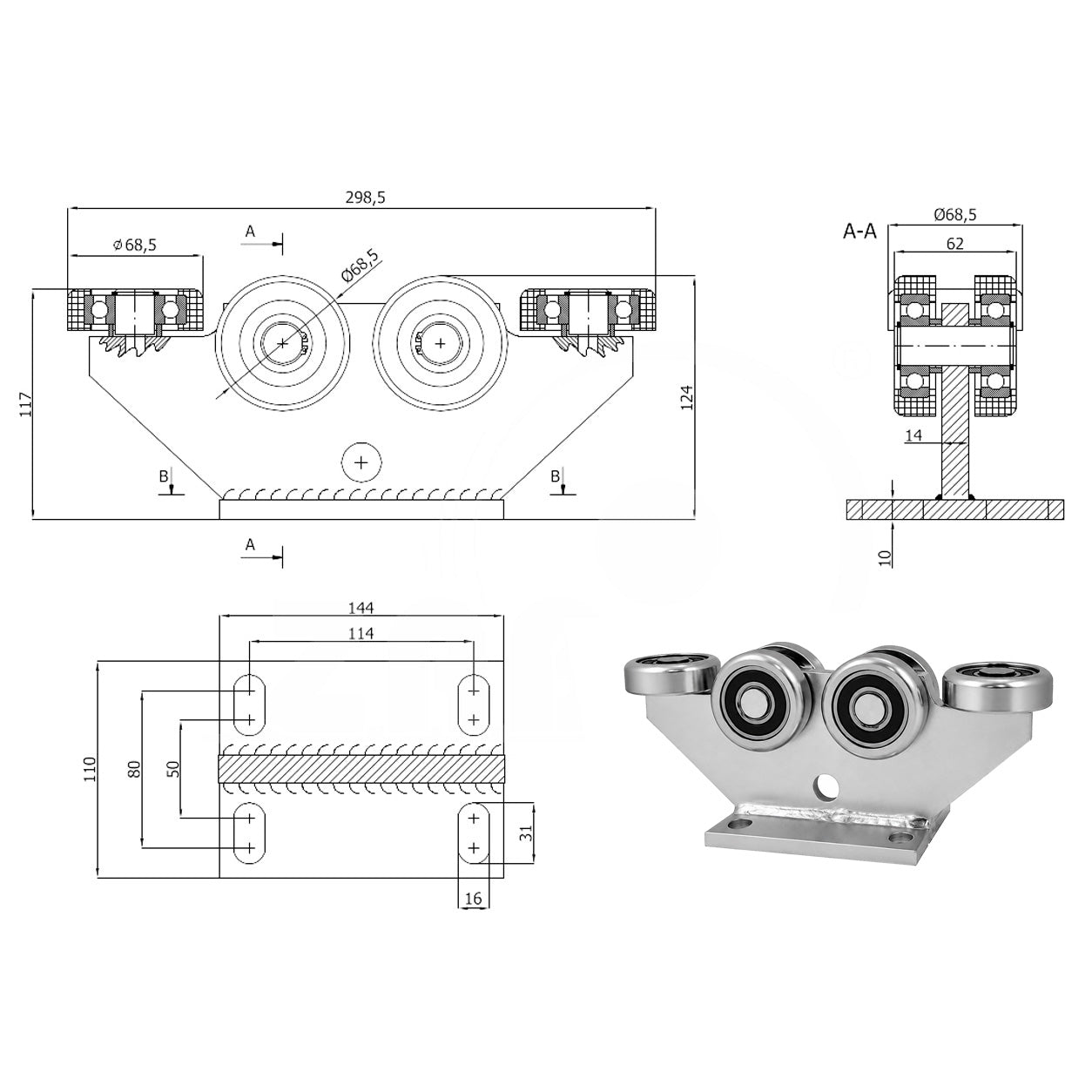Torwagen für Schiebetore - für Profile 80 x 80 mm - Wandstärke 5 mm: 6MM-80