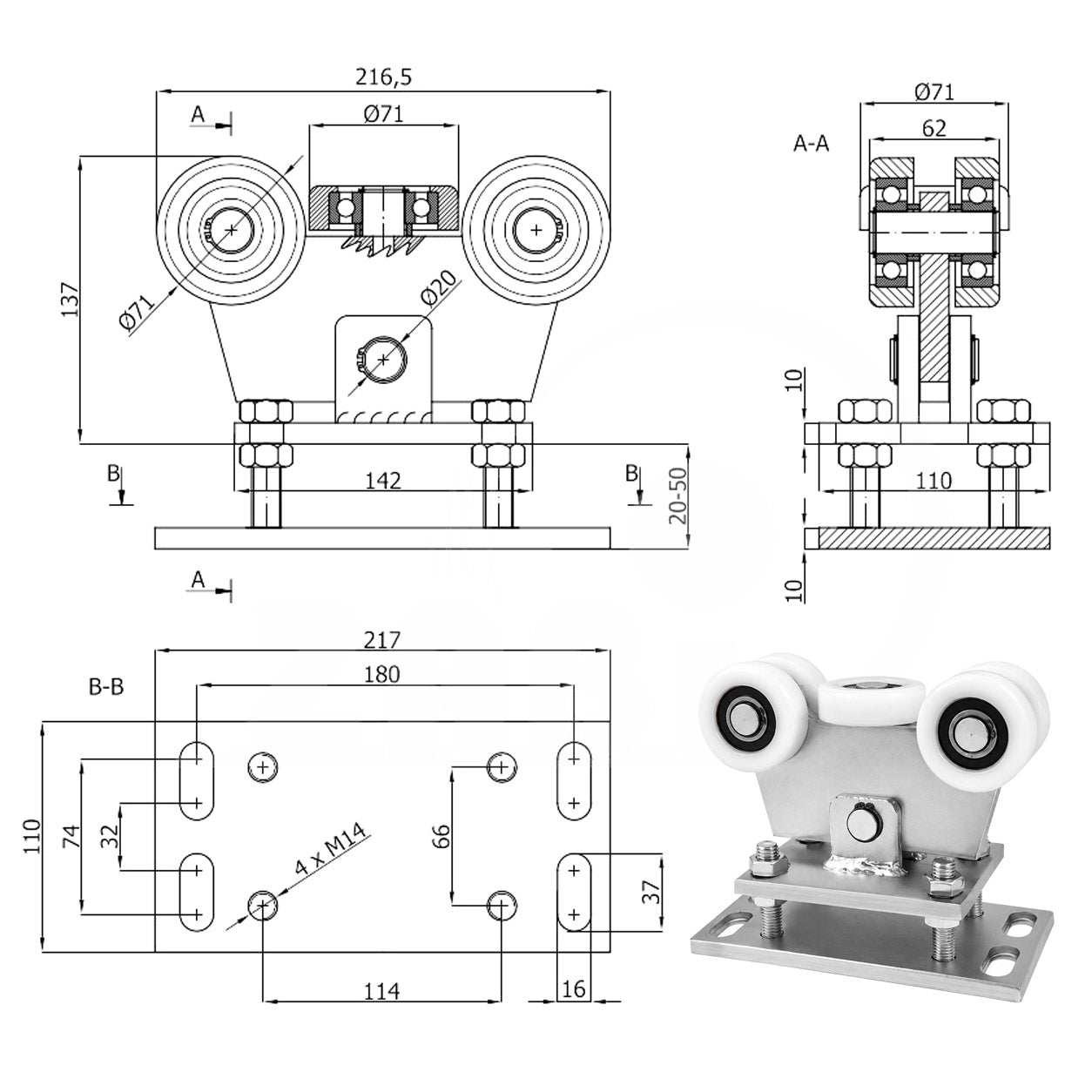 Torwagen für Schiebetore - für Profile 80 x 80 mm - Wandstärke 4 mm: WR-5T-80/4