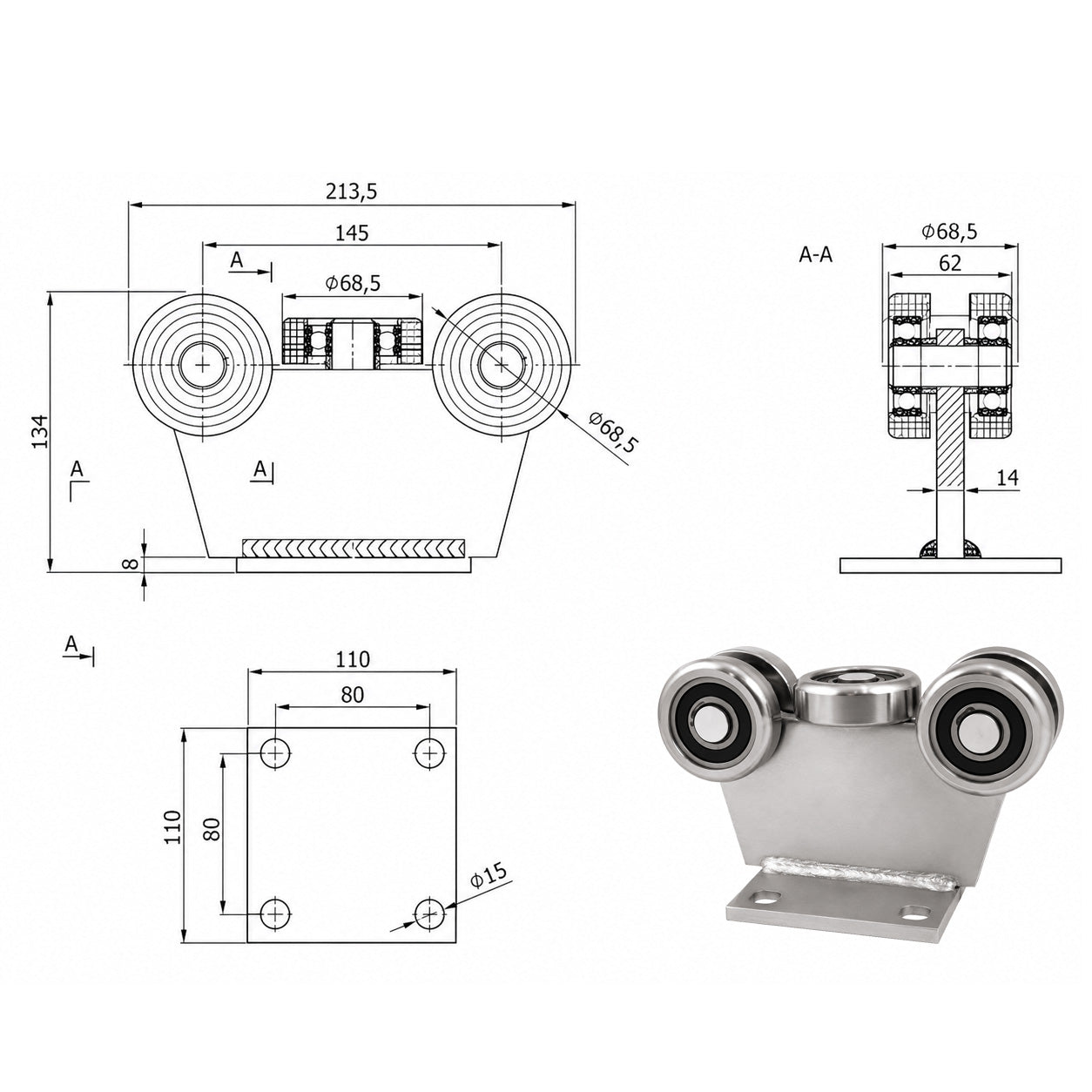 Torwagen für Schiebetore - für Profile 80 x 80 mm - Wandstärke 5 mm: 5MM-80M