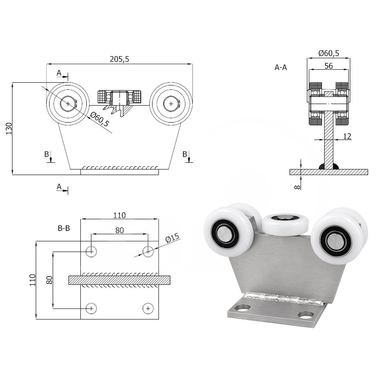 Torwagen für Schiebetore - für Profile 70 x 70 mm - Wandstärke 4 mm: 5T-70M