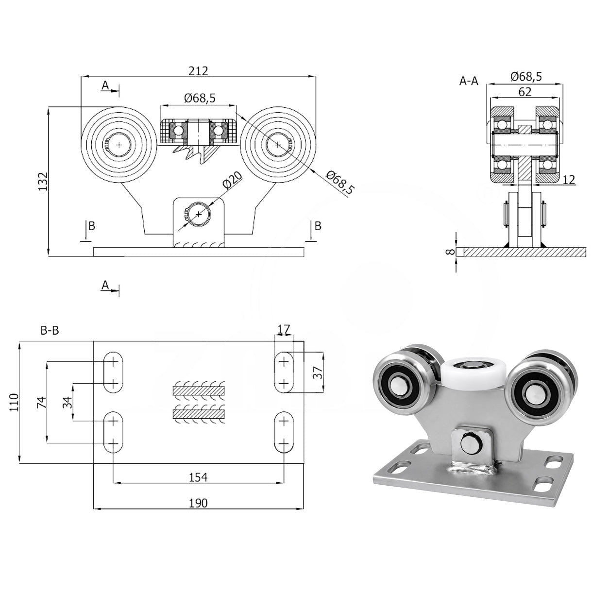 Torwagen für Schiebetore - für Profile 80 x 80 mm - Wandstärke 5 mm: W-5M-80M