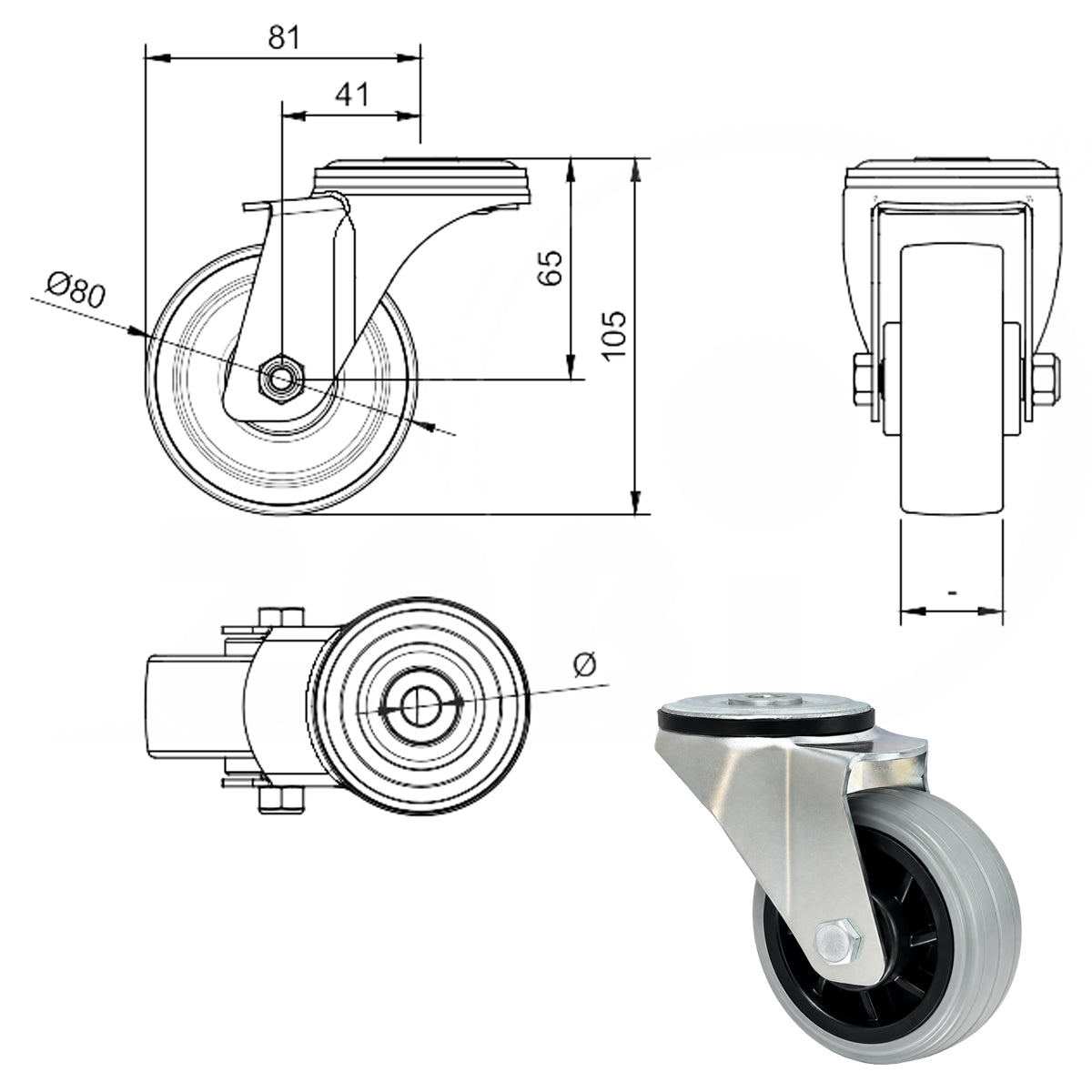 Kunststoff-Gummiräder mit Befestigungsstift mit Zentralbohrung Ø80 mm Code: 8TS/10