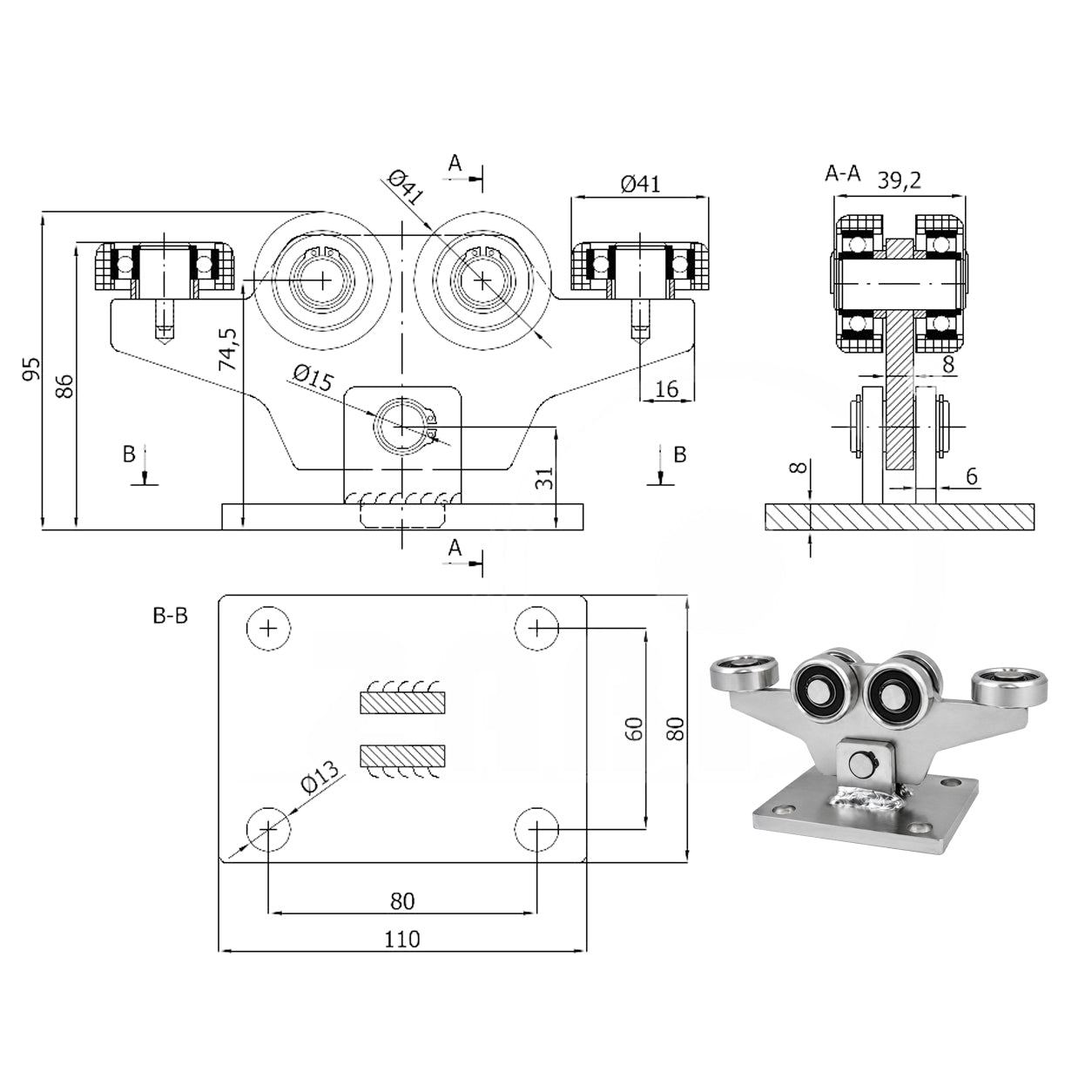 Torwagen für Schiebetore - für Profile 50 x 50 mm - Wandstärke 4 mm: W-6MM-50/4