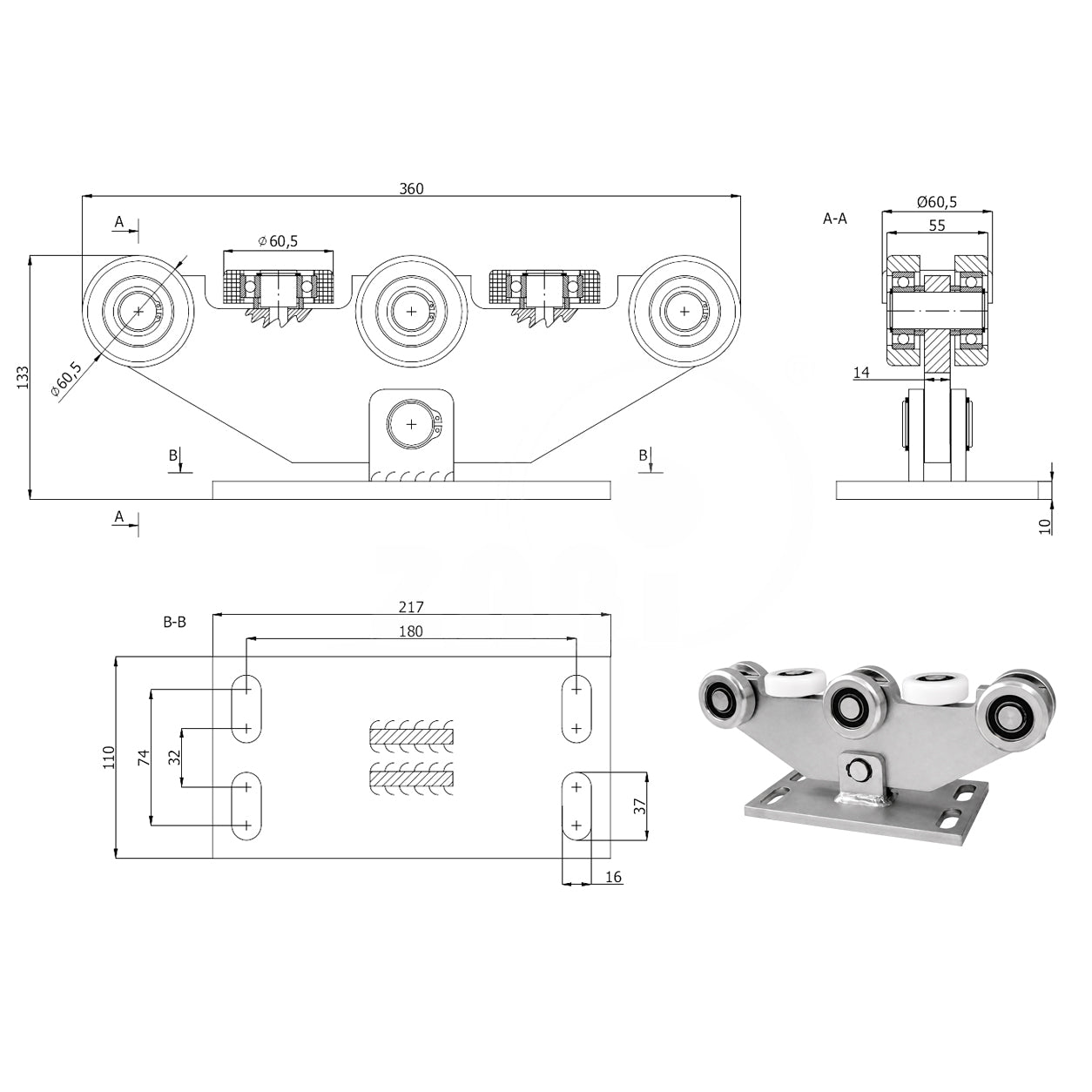 Torwagen für Schiebetore - für Profile 70 x 70 mm - Wandstärke 4 mm: W-8M-70