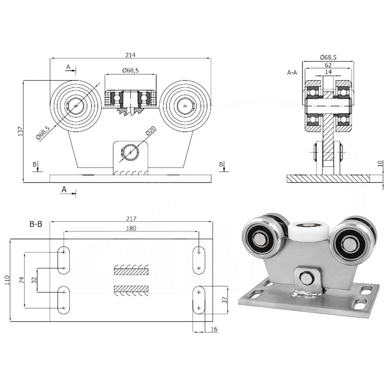 Torwagen für Schiebetore - für Profile 80 x 80 mm - Wandstärke 5 mm: W-5M-80