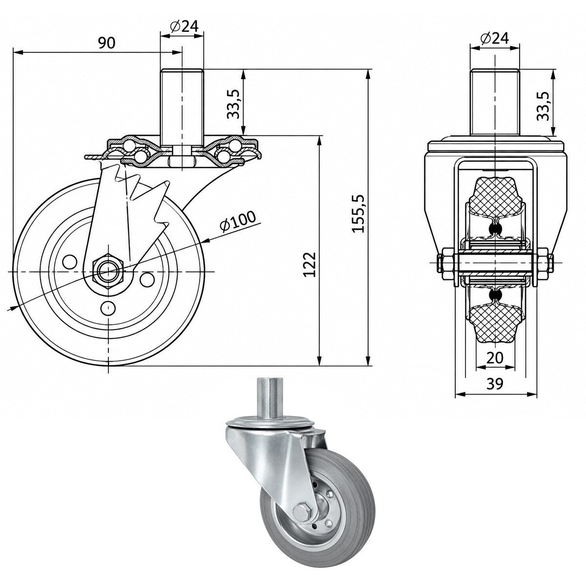 Metall-Gummiräder mit Befestigungsstift Lenkrollen Lenkrollen Ø100 mm Code: 14S*24