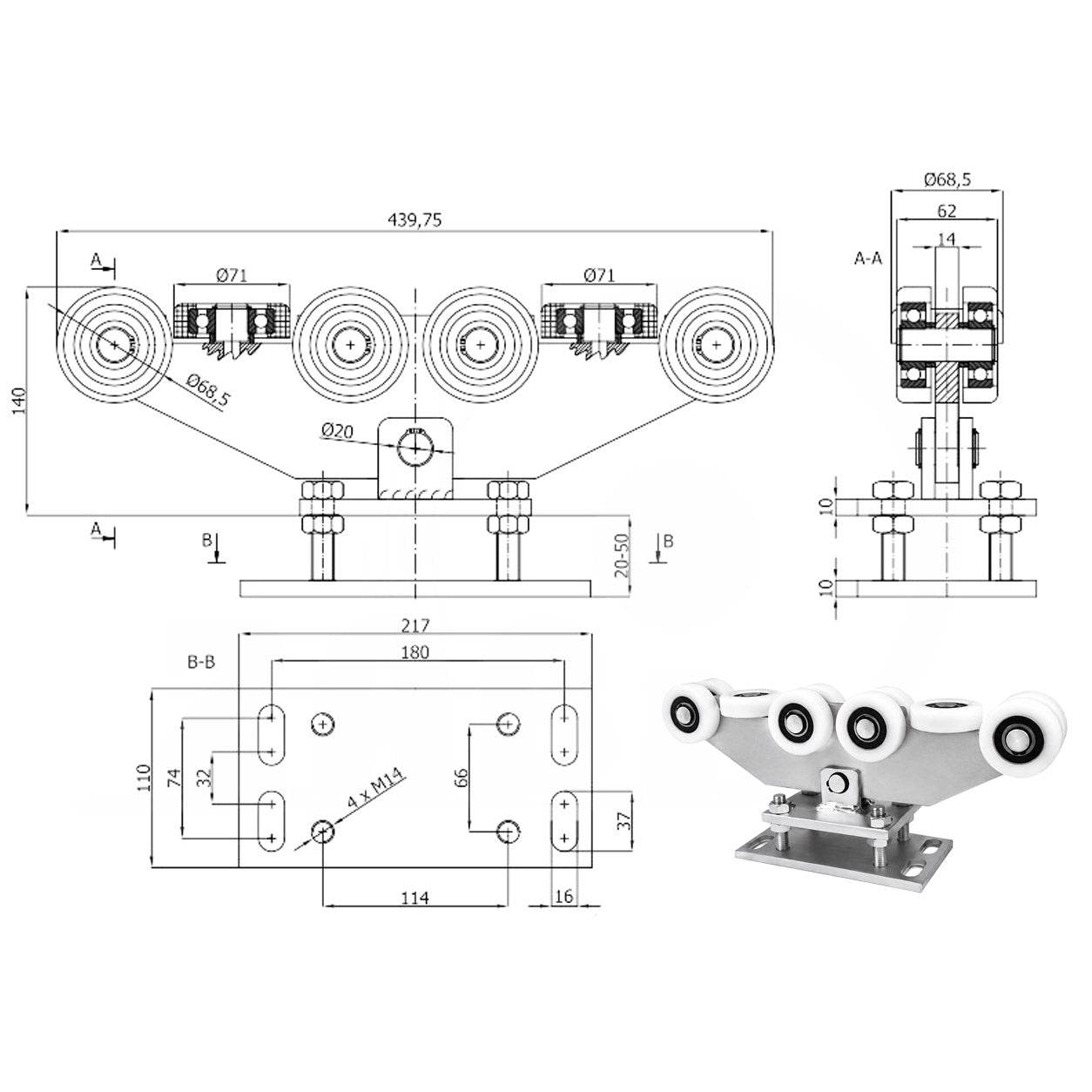 Torwagen für Schiebetore - für Profile 80 x 80 mm - Wandstärke 4 mm: WR-10T-80/4