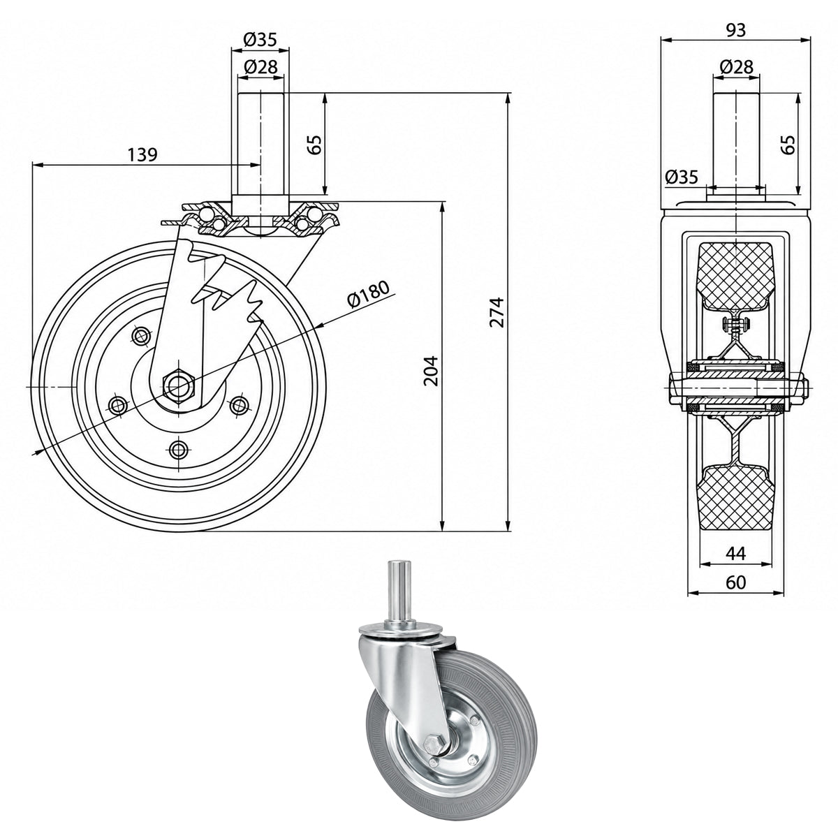 Metall-Gummiräder mit Befestigungsstift Lenkrollen  Ø180 mm Code: 54NS*28