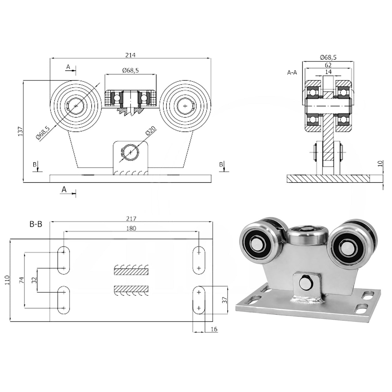 Torwagen für Schiebetore - für Profile 80 x 80 mm - Wandstärke 5 mm: W-5MM-80