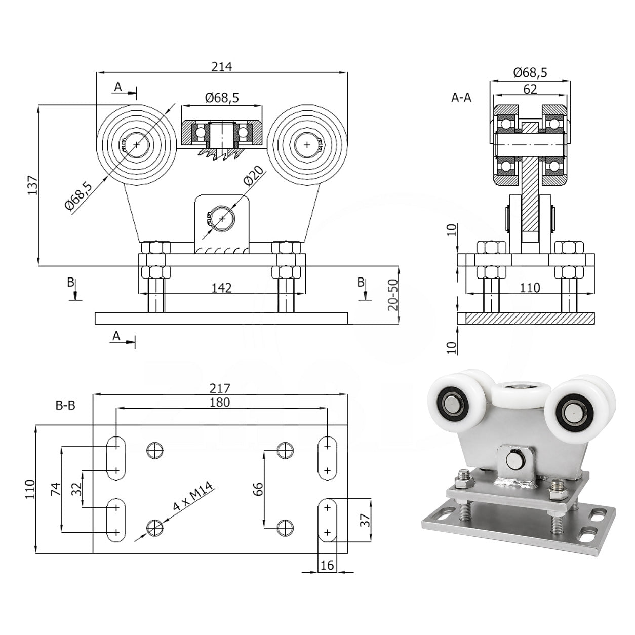 Torwagen für Schiebetore - für Profile 80 x 80 mm - Wandstärke 5 mm: WR-5T-80