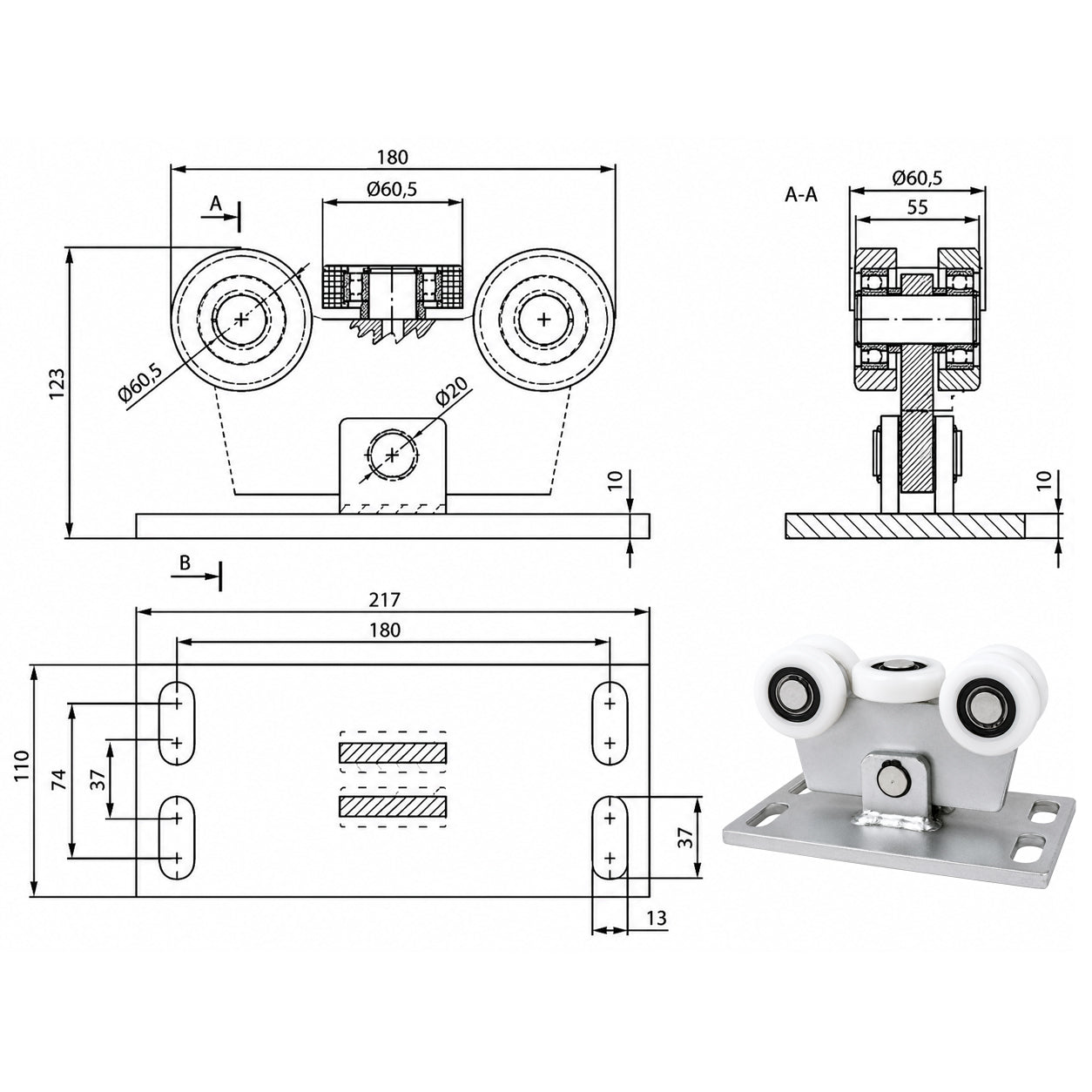 Torwagen für Schiebetore - für Profile 70 x 70 mm - Wandstärke 4 mm: W-5T-70