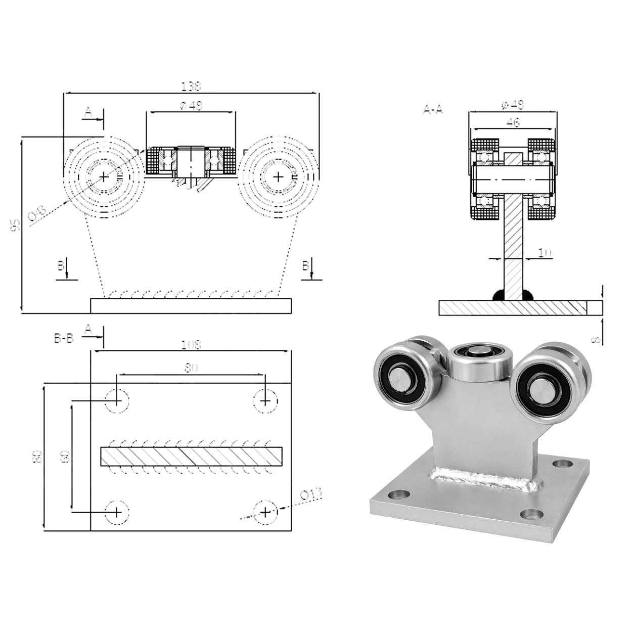 Torwagen für Schiebetore - für Profile 50x55 mm - Wandstärke 2,5 mm: 5MM-50/55