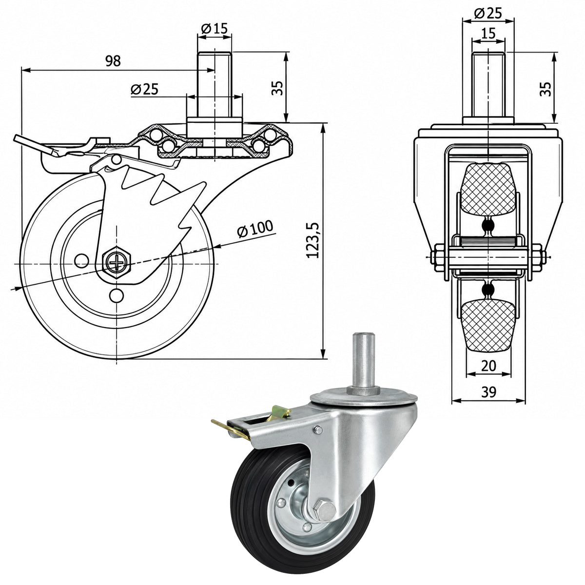 Metall-Gummiräder mit Befestigungsstift und Bremse Lenkrollen  Ø100 mm Code: 16H*15
