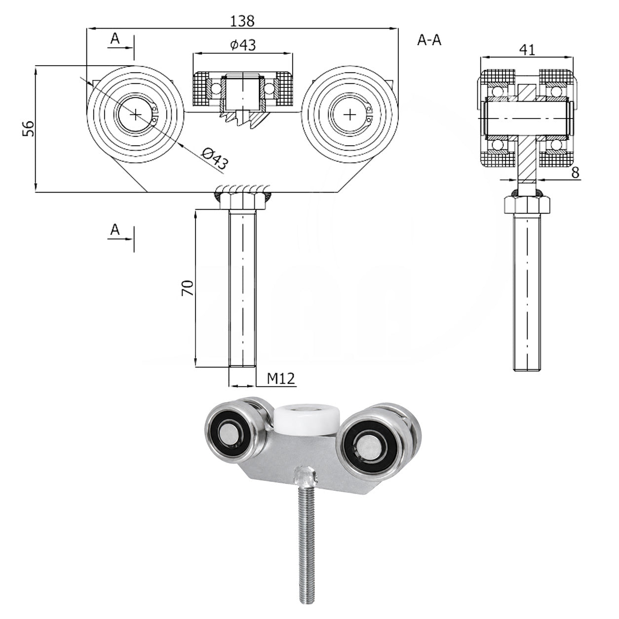 Torwagen für Schiebetore - für Profile 50x50 mm - Wandstärke 2,5 mm: G-5M-50/M12