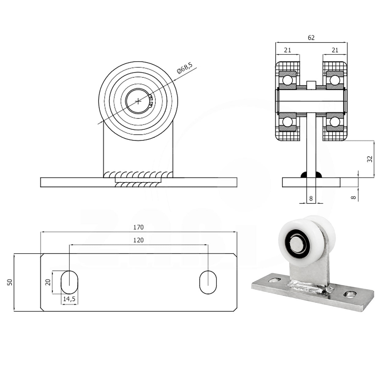 Torwagen für Schiebetore - für Profile 80 x 80 mm - Wandstärke 5 mm: 2T-80