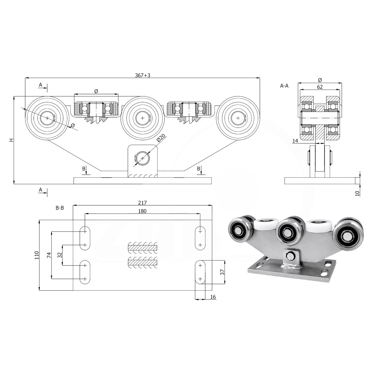 Torwagen für Schiebetore - für Profile 80 x 80 mm - Wandstärke 4 mm: W-8M-80/4