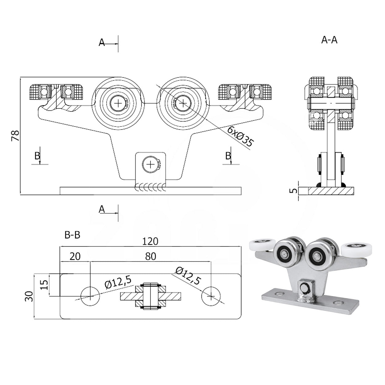 Torwagen für Schiebetore - für Profile 40x40 mm - Wandstärke 2 mm: W-6M-40
