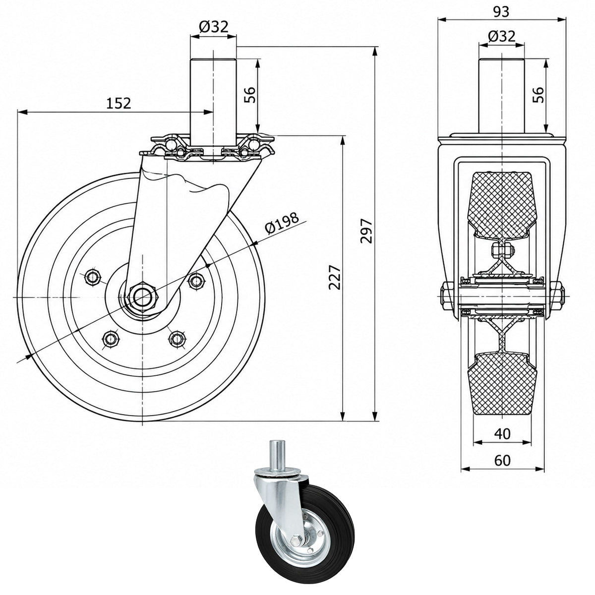 Metall-Gummiräder mit Befestigungsstift Lenkrollen  Ø200 mm Code: 64N*32