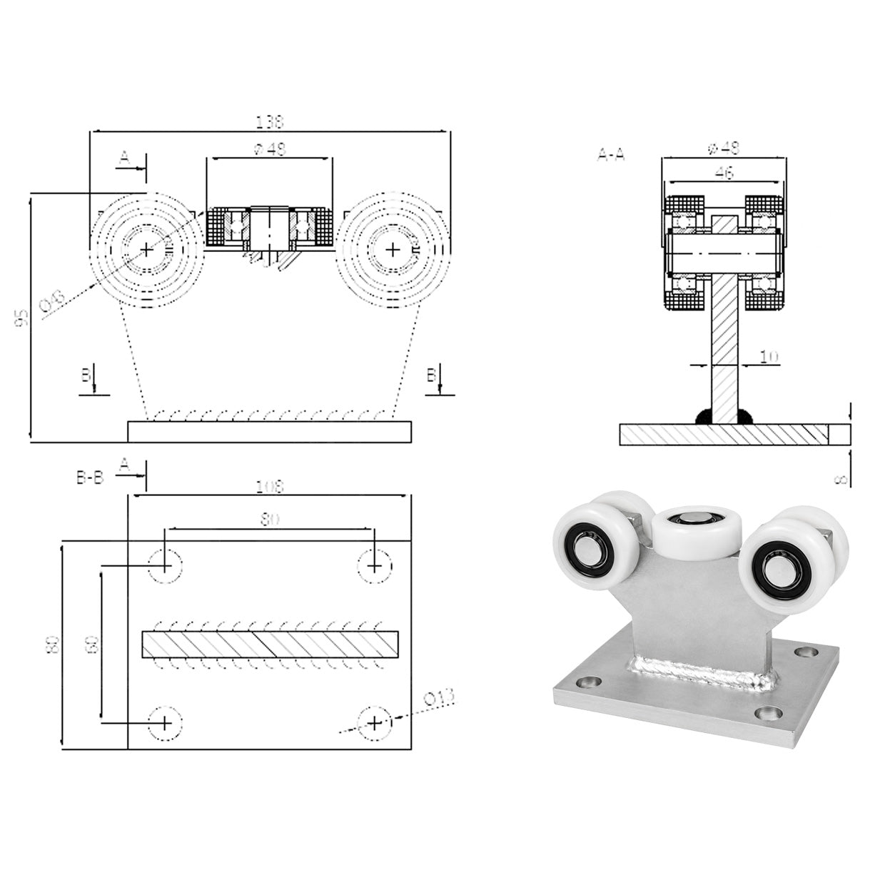 Torwagen für Schiebetore - für Profile 50x55 mm - Wandstärke 2,5 mm: 5T-50/55