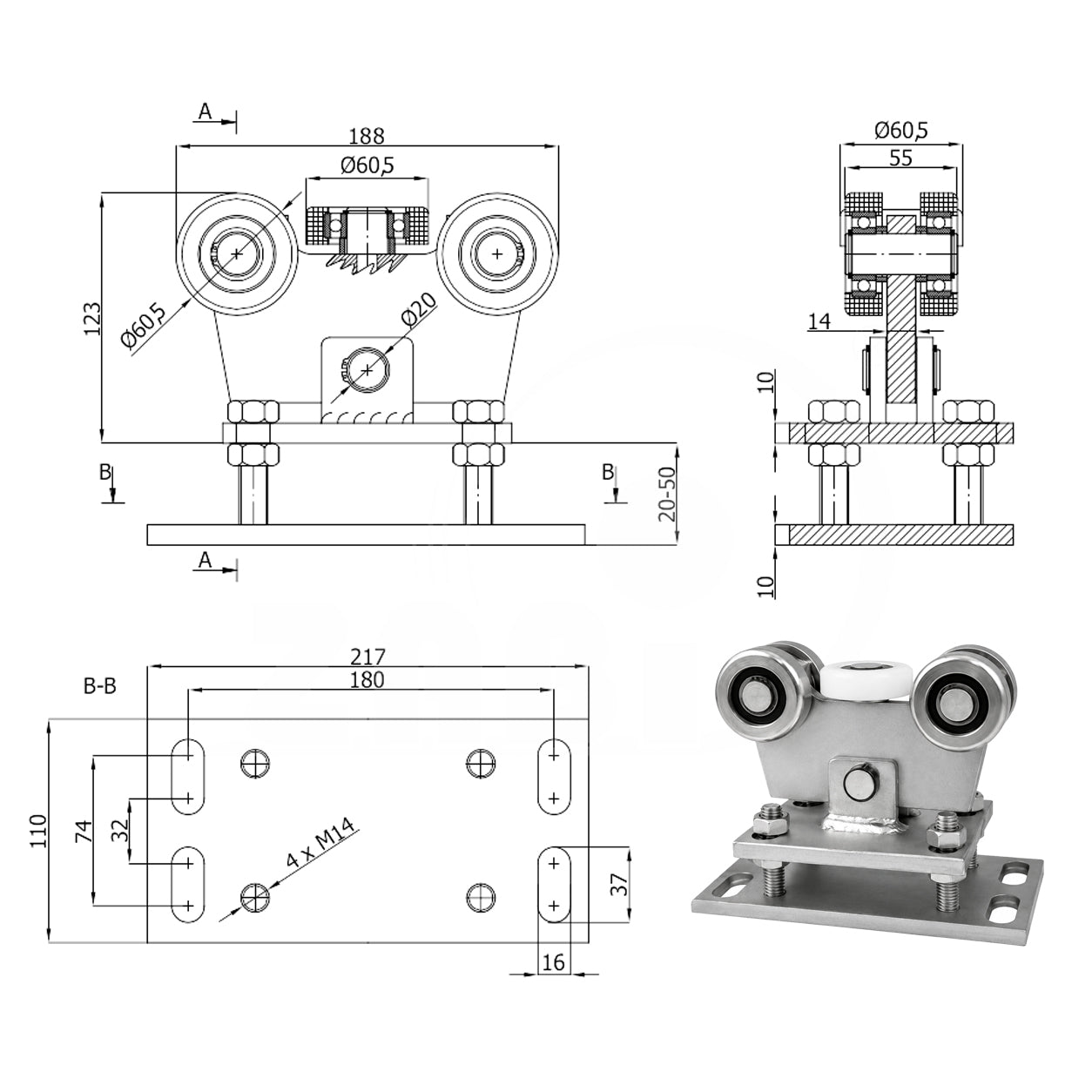 Torwagen für Schiebetore - für Profile 70 x 70 mm - Wandstärke 4 mm: WR-5M-70