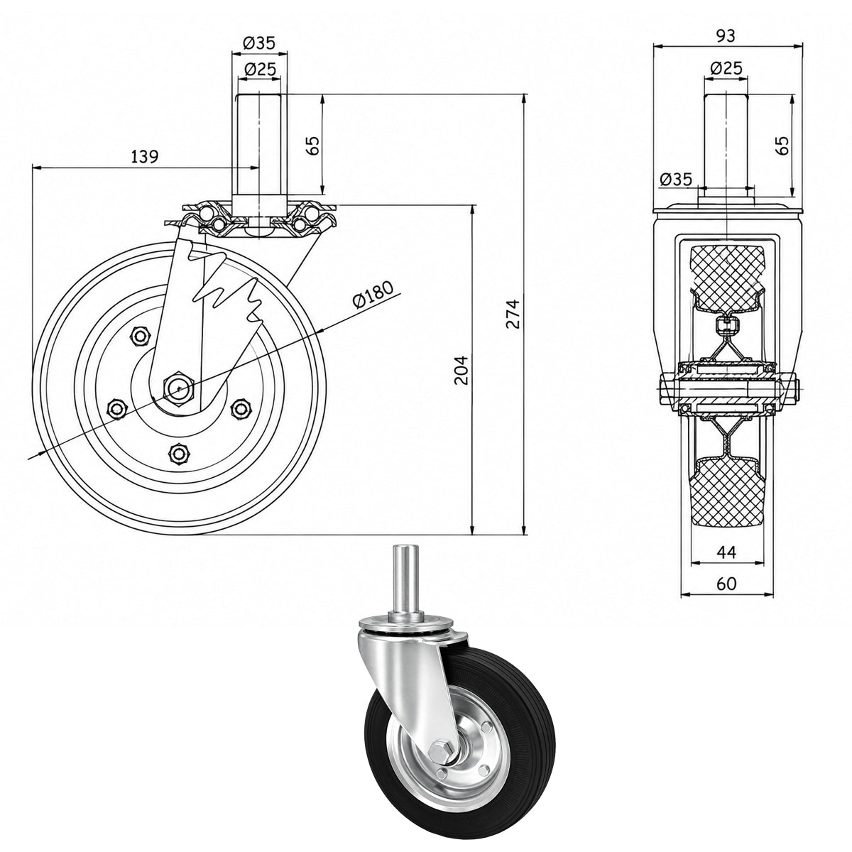 Metall-Gummiräder mit Befestigungsstift Lenkrollen  Ø180 mm Code: 54N*27