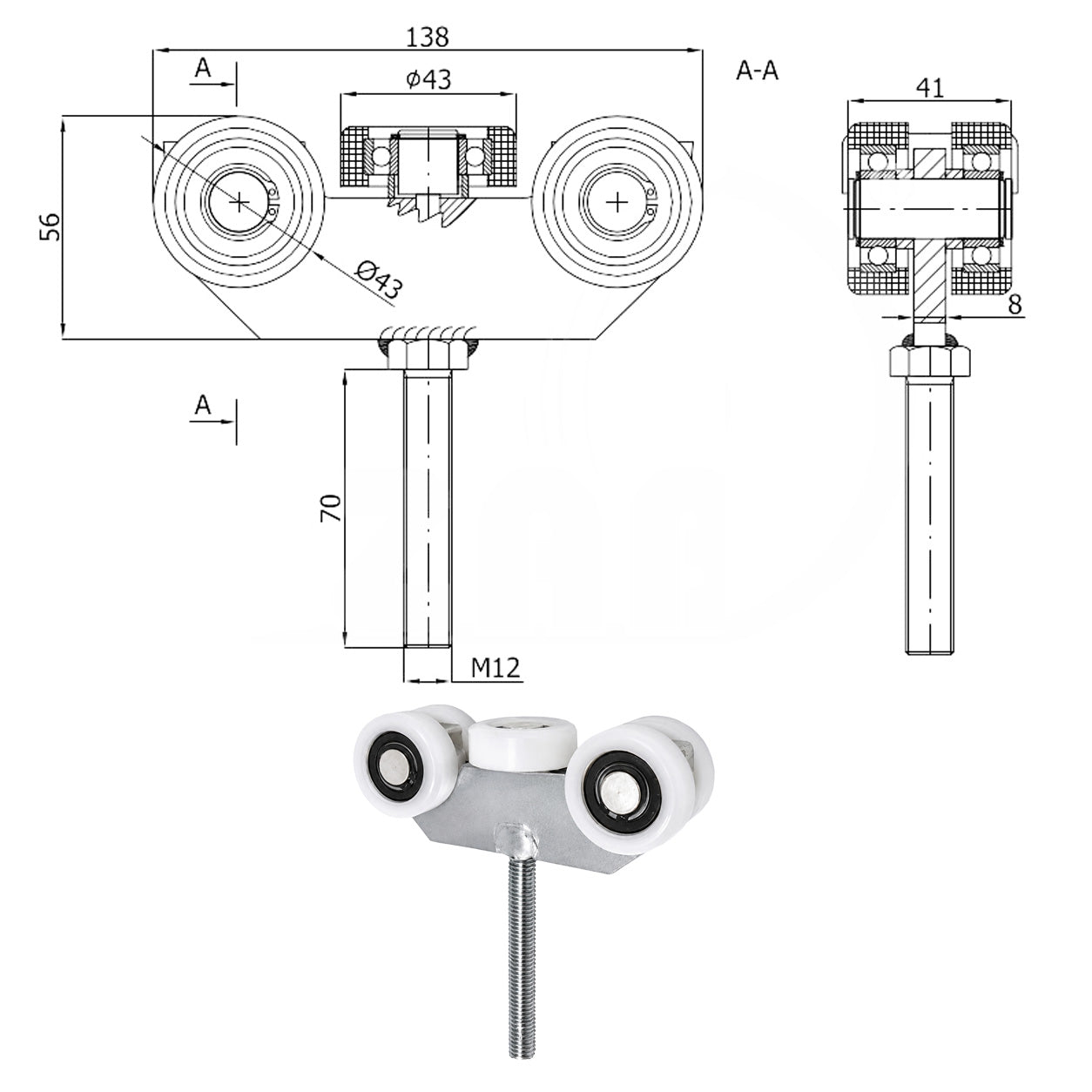 Torwagen für Schiebetore - für Profile 50x50 mm - Wandstärke 2,5 mm: G-5T-50/M12