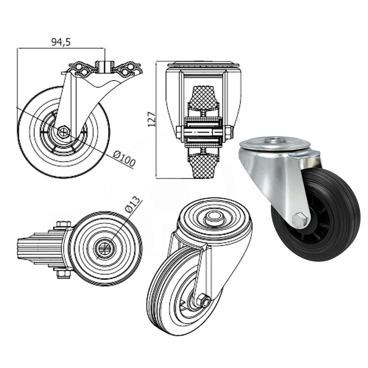 Kunststoff-Gummiräder mit Befestigungsstift mit Zentralbohrung Ø100 mm Code: 17T