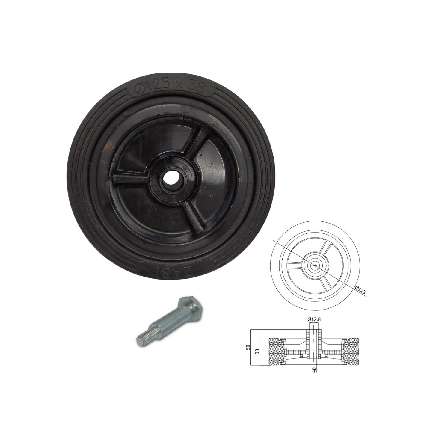 Rasenmäherrad 125 mm – Universal Ersatzrad aus Vollgummi + Montage-Set, Code: K125*M10