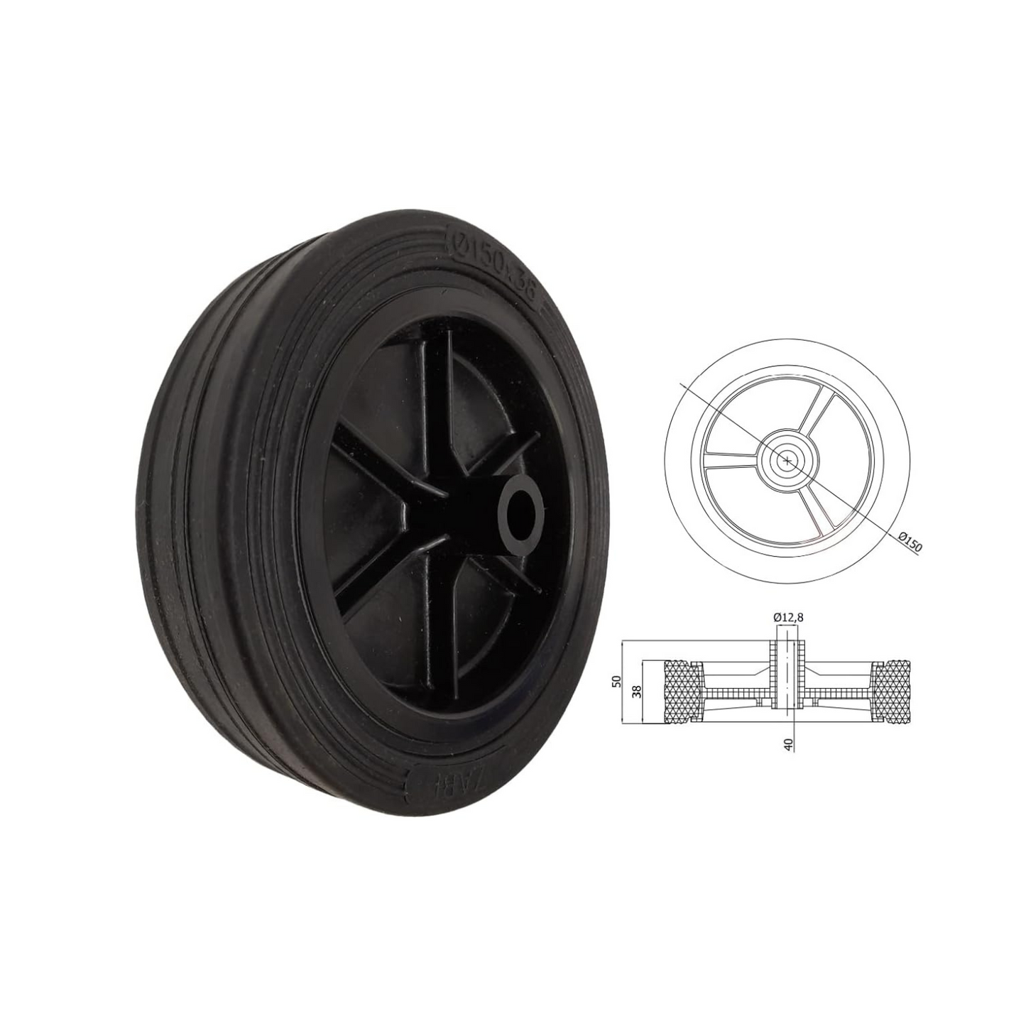 Rasenmäherrad 150 mm – Universal Ersatzrad aus Vollgummi für Rasenmäher, Code: K150