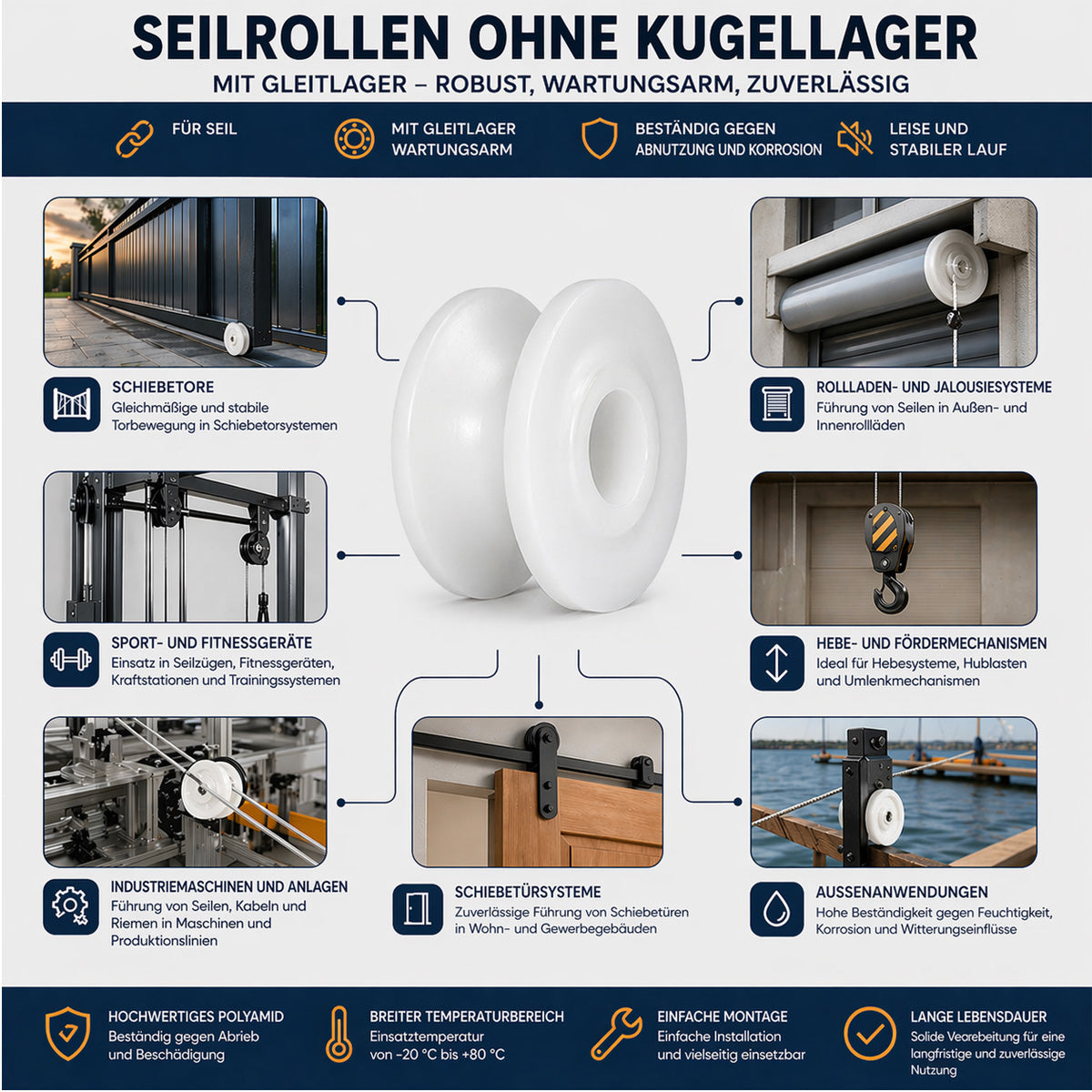 Seilrolle mit Gleitlager Ø80mm Polyamid Kunststoffrolle für Seil Ø8 mm C80/8/16