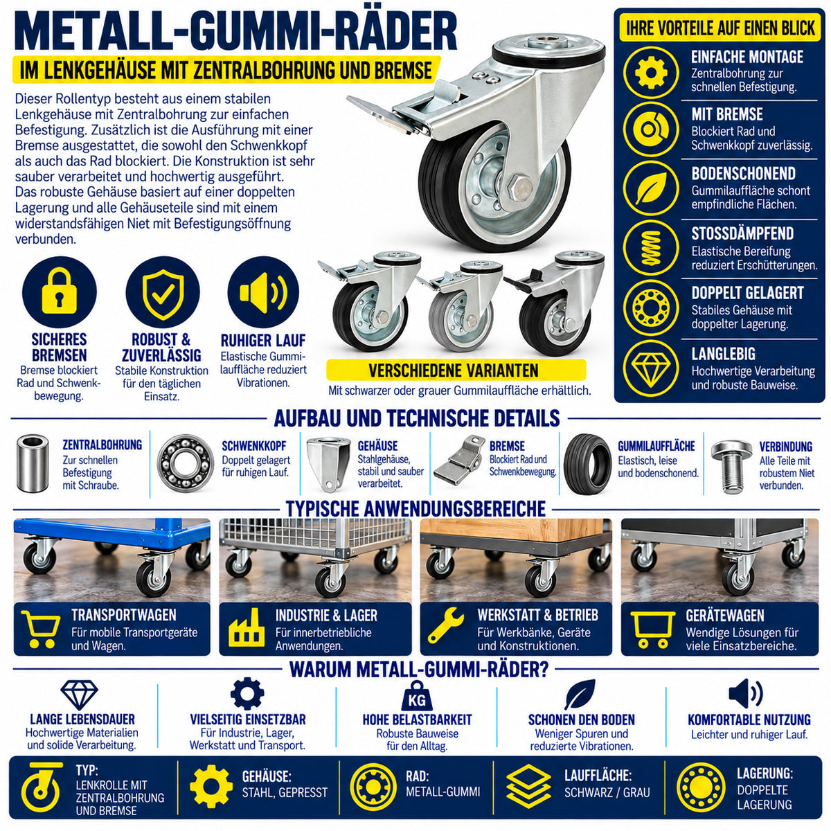 Metall-Gummiräder mit Befestigungsstift mit Zentralbohrung und Bremse Ø200 mm Code: 67NSH