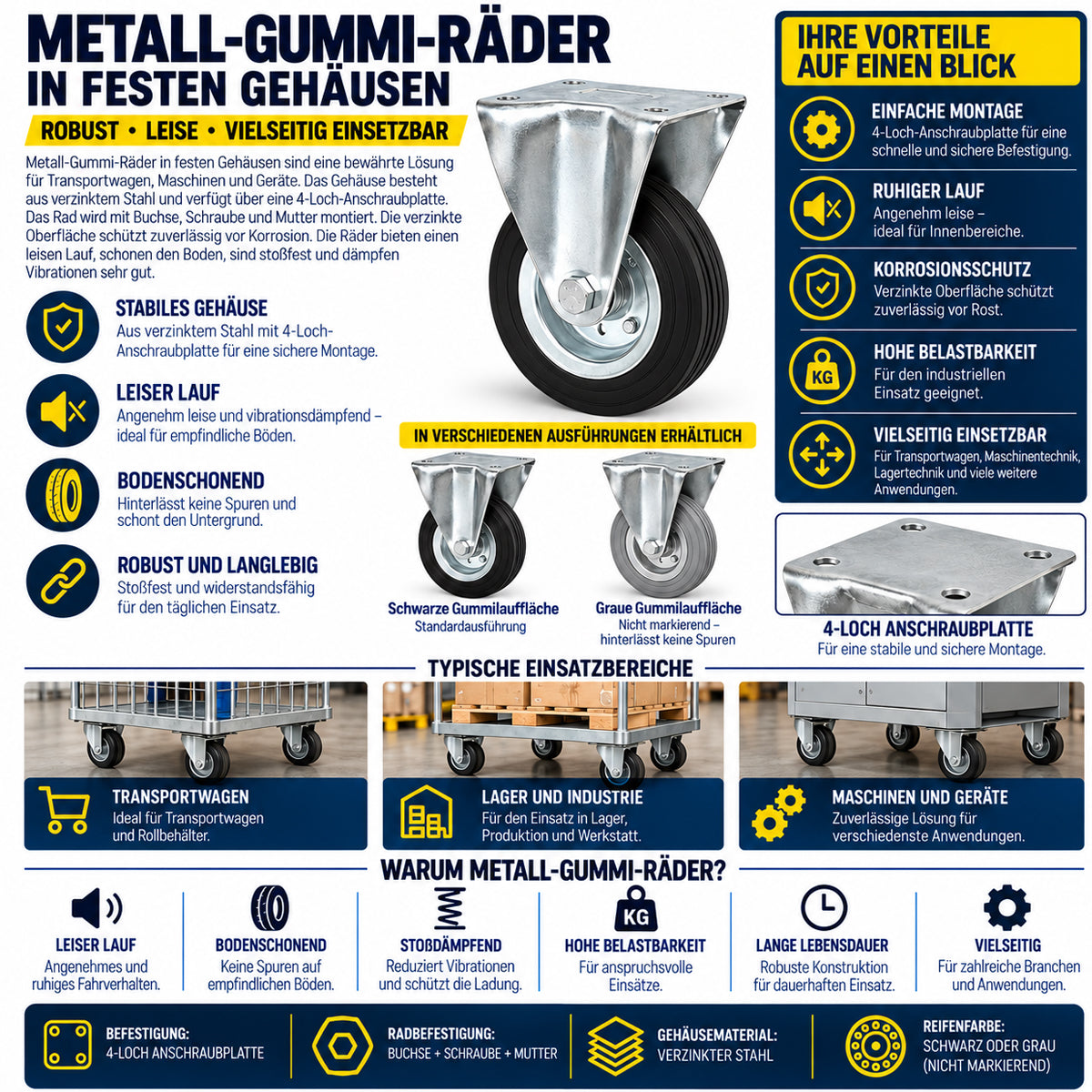 Metall-Gummiräder mit Platte Bockrolle Ø300 mm mit Platte Code: 1003LD
