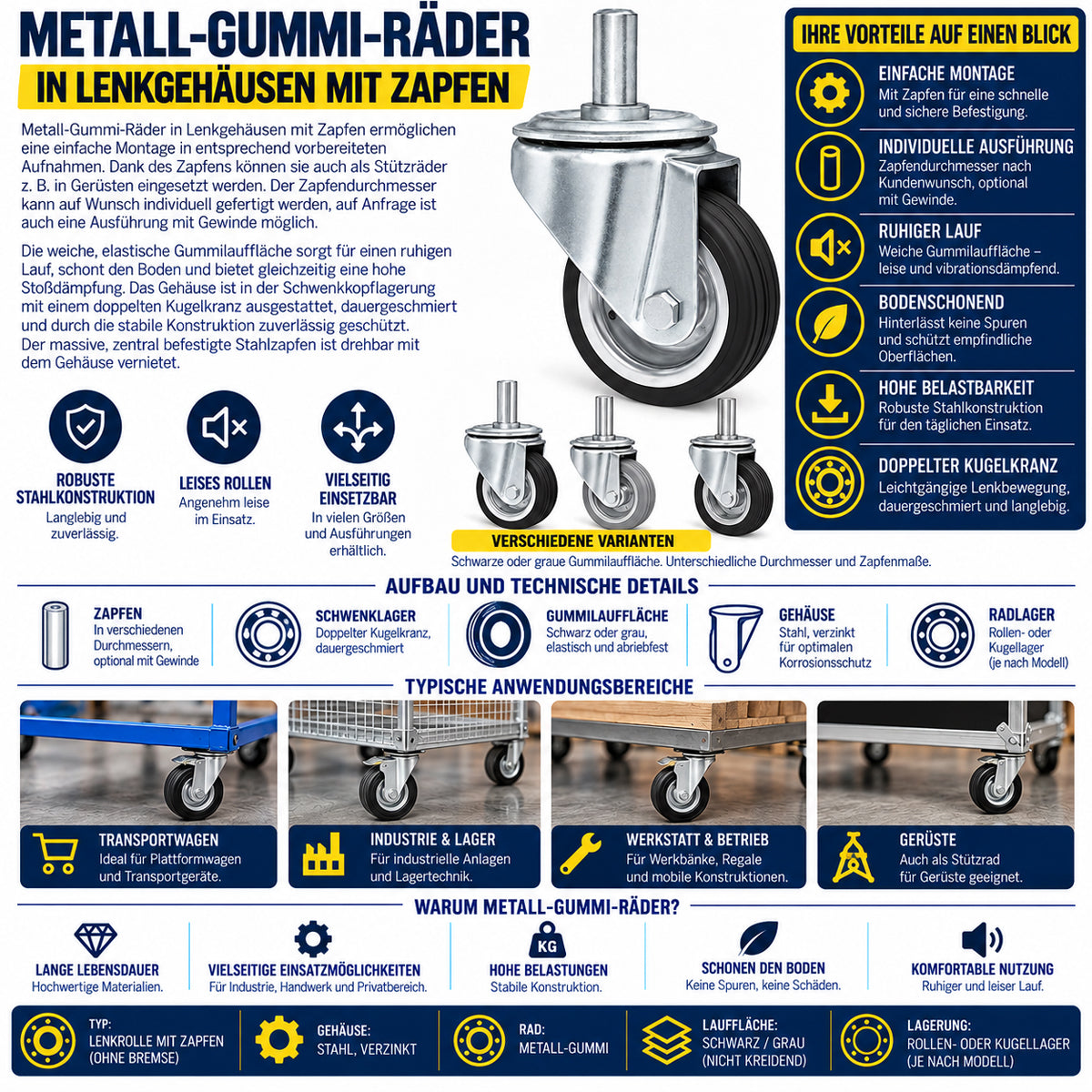 Metall-Gummiräder mit Befestigungsstift Lenkrollen Lenkrollen Ø100 mm Code: 14S*M10